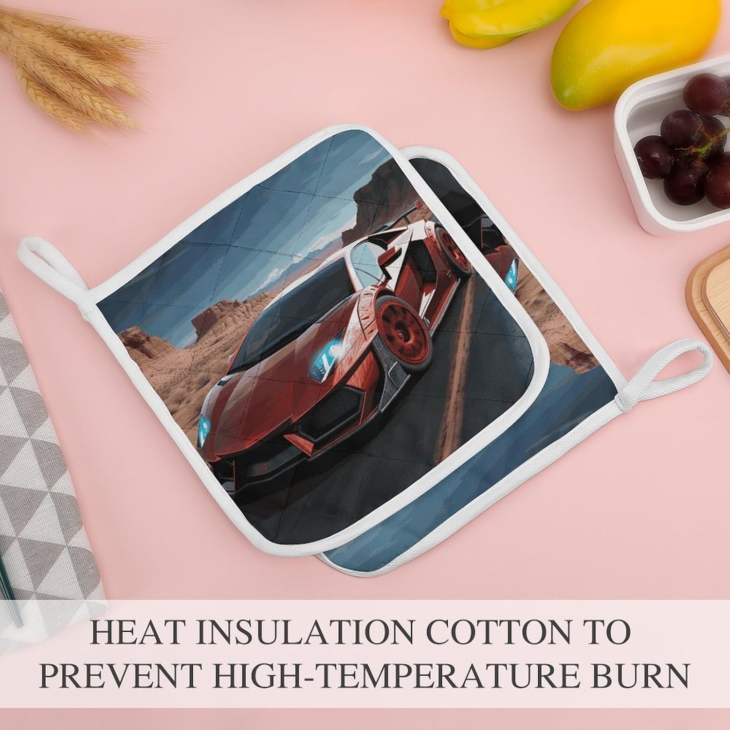 Red Race Car Pot Holders Double-Layer Thickened Insulation,Trivet Mats - with Hanging Loops,Kitchen Heat Resistant Potholder Versatile for Countertops Hot Pots and Pans image 4