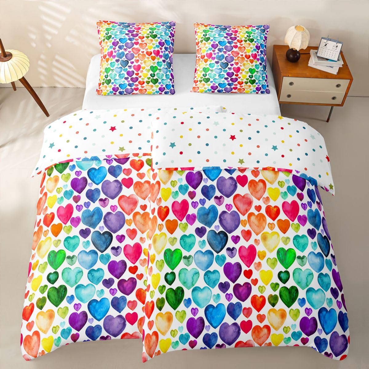 Homemissing Liebesherz Bettwäsche Pärchen Buntes Liebesherz Muster Bettwäsche 155x220 4teilig Regenbogen Herz Bettwäsche-Set 4-TLG., 2 Bettbezüge 155x220 cm und 2 Kissenbezüge 80X80 cm