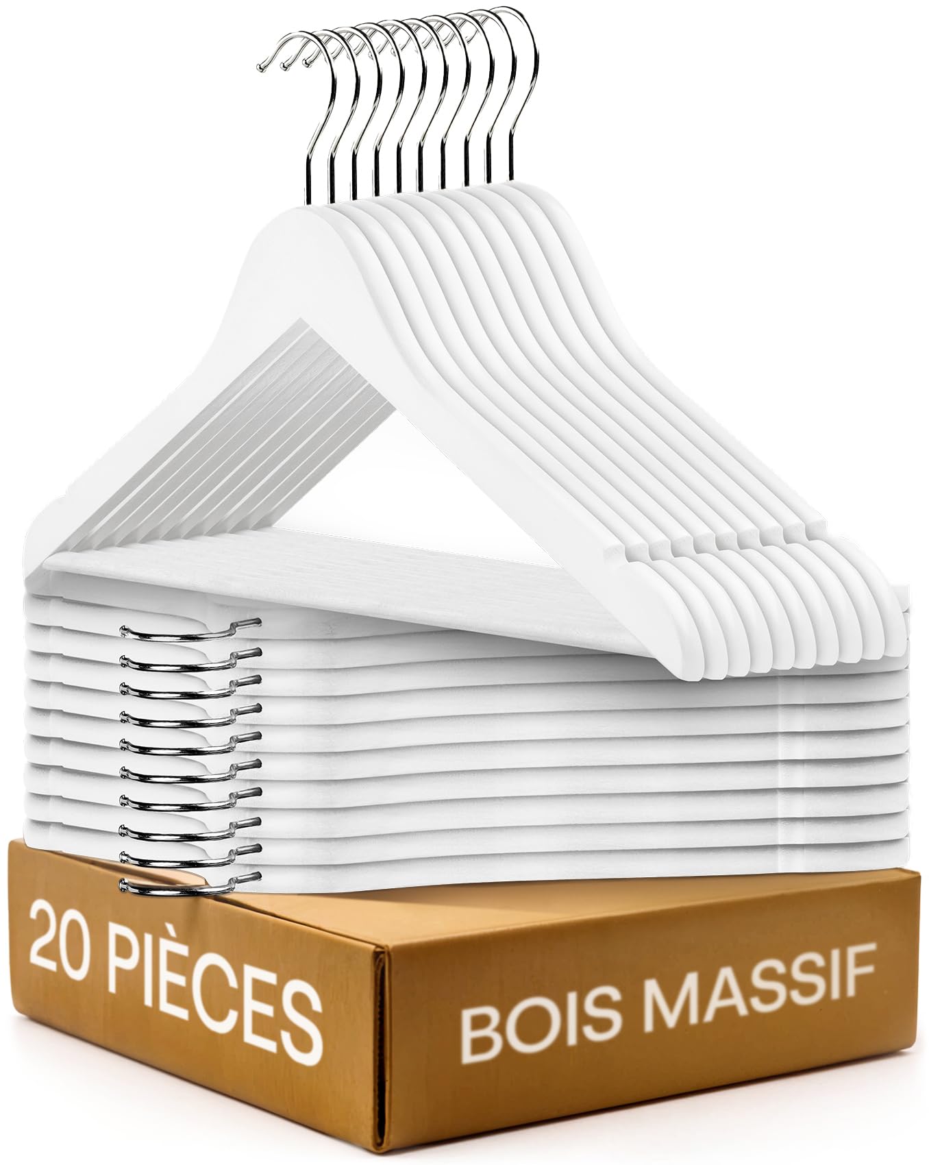 Praknu 20 Cintres en Bois Blanc - Crochet Pivotant à 360° - Encoches sur Les épaules - avec Barre Pantalon - Bois Massif Certifié FSC