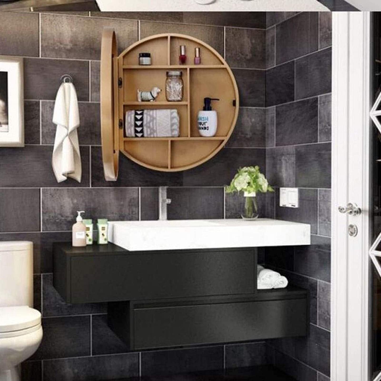 Espejos de baño de Madera Maciza - Espejo de tocador Grande corredizo montado en la Pared con función de Almacenamiento for Muebles - Espejo de Pared Redondo(Brass Gold,60cm)