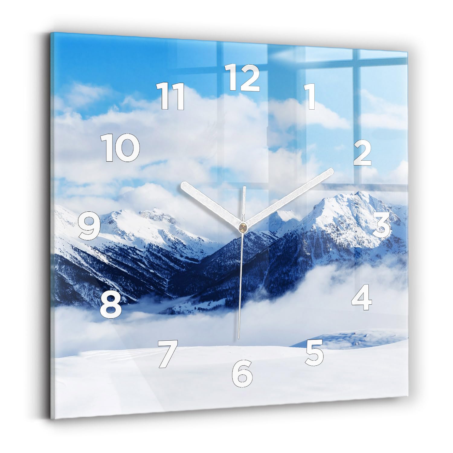 Horloge carrée 30x30 cm Wallfluent moderne avec affichage analogique et panoramique montagne