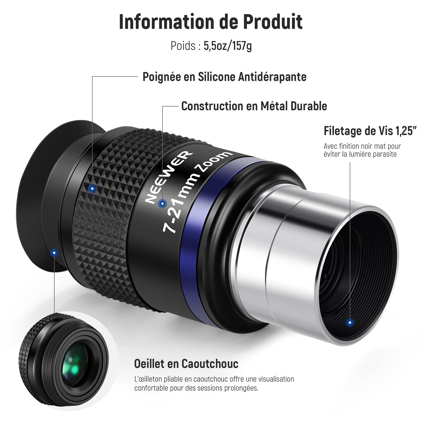 NEEWER Oculaire de Télescope Zoom avec Plage Focale de 7 à 21mm,Champ de Vision de 40°à 57°,Dégagement Oculaire de 15mm,5 éléments en 3 Groupes pour Télescope Astronomique avec Baril 1,25 Pouce,LS-T22