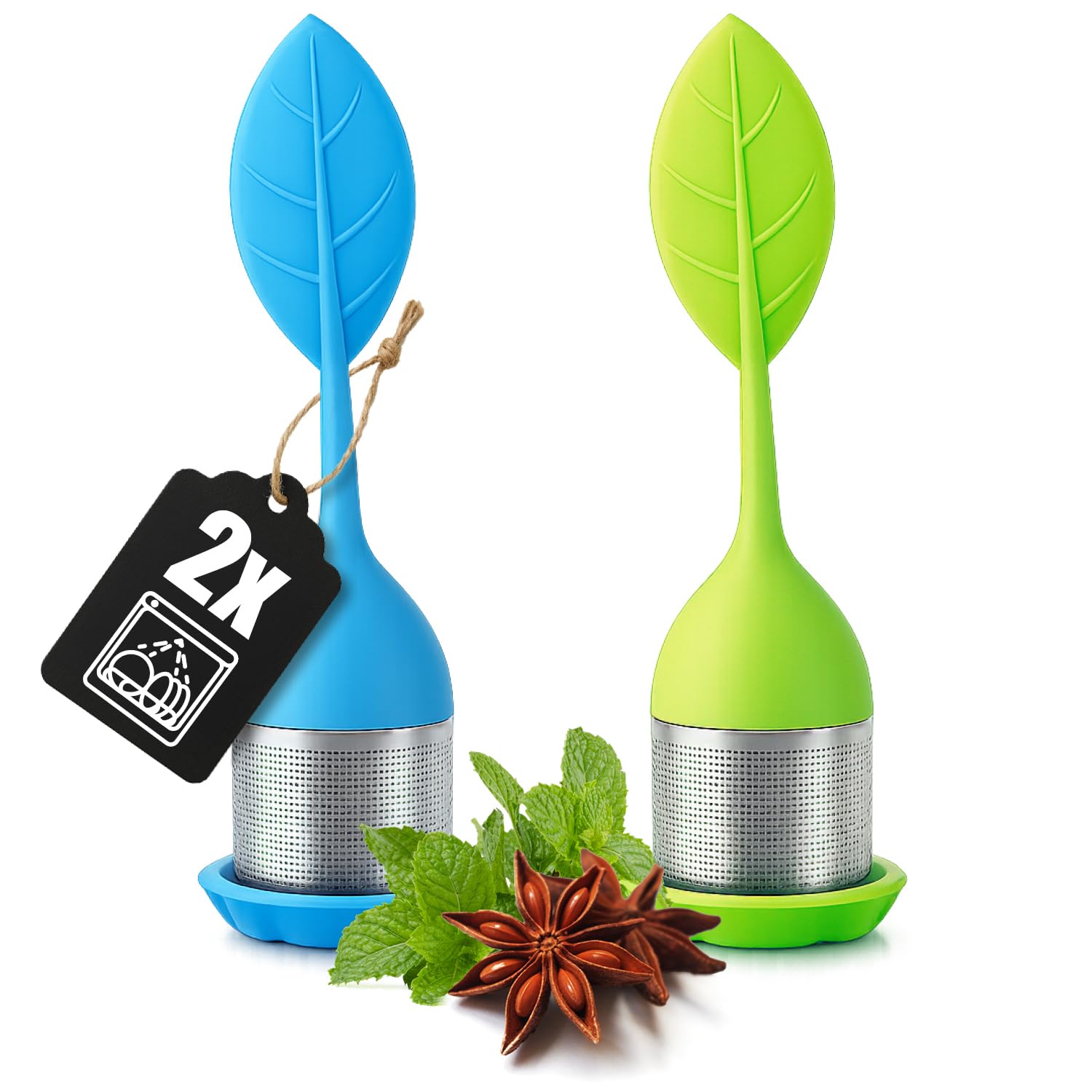 2x Infusores de Té Acero & Silicona - Bola con Tapa y Soporte en 2 Colores - Filtro Fino para Té Suelto & Especias - Inoxidable