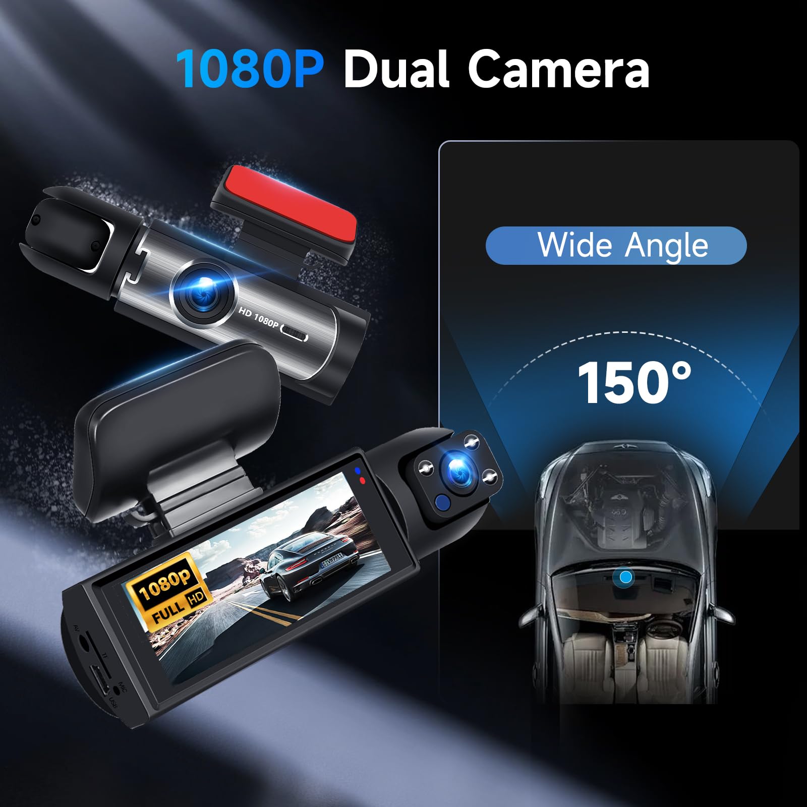 Dash Cam Avant et Interieur pour Voitures, FHD 1080P Camera Embarquée Voiture 3,16” IPS Dashcam, G-Capteur, Mode Parking, Enregistrement en Boucle, Caméra Voiture Vision Nocturne Carte SD 64G Hodozzy