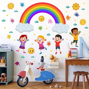 Rainbow Wall Decals Colorful Kids Wall Stickers for Classroom, Inspirational Sun Clouds Wall Decals Watercolor Splatter Sunny Art Murals for Girls Room Nursery Playroom Decorations