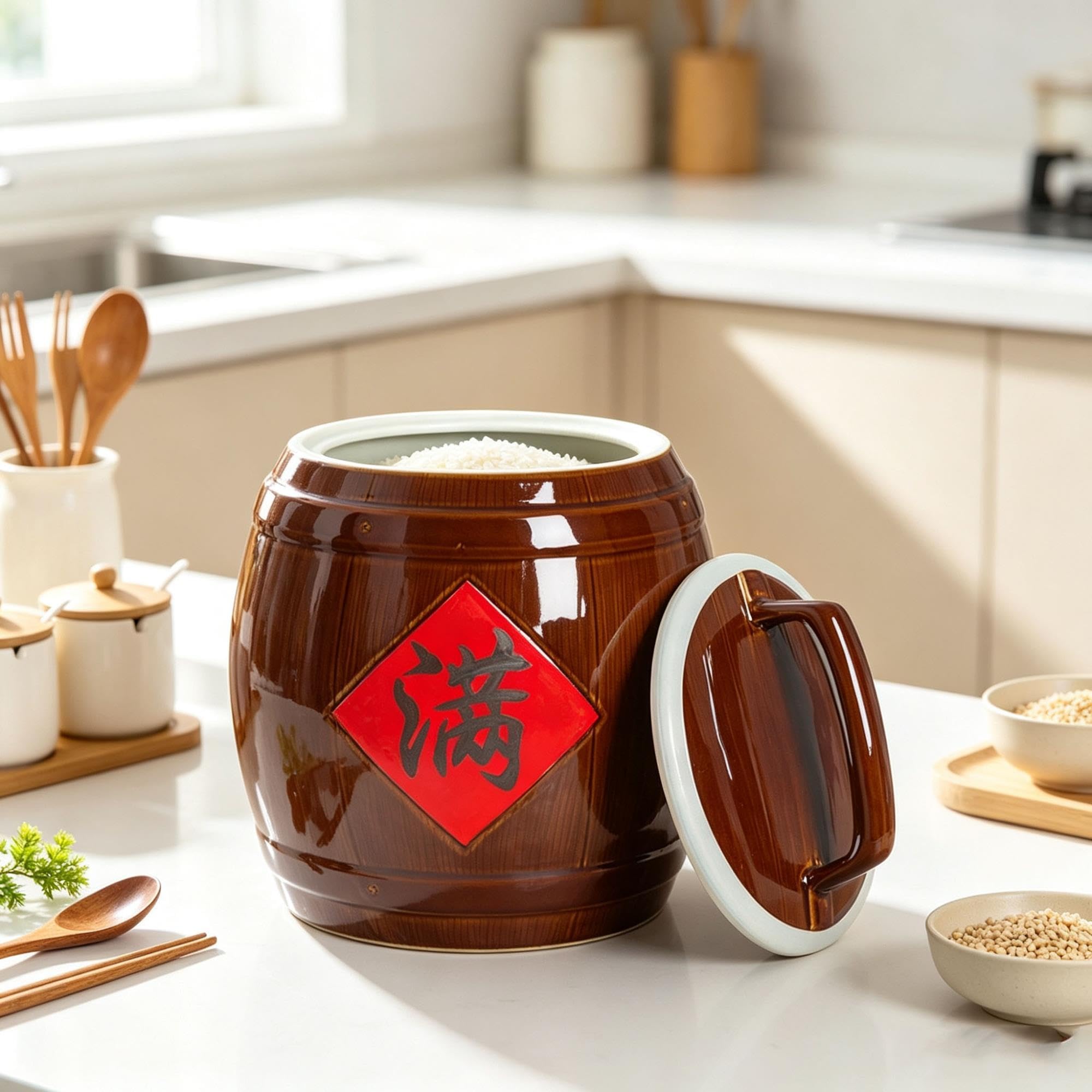 Barattolo Ceramico Vintage per Riso,Contenitore Ermetico per Cereali Cucina