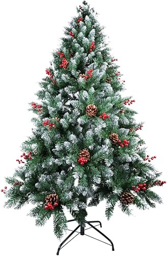 AGM Christmas Tree 7ft Artificial Pine Tree with Foldable Metal Stand, Pine Cone and red Fruit, 7 Feet Tall Flocked Snow Trees for Holiday Christmas