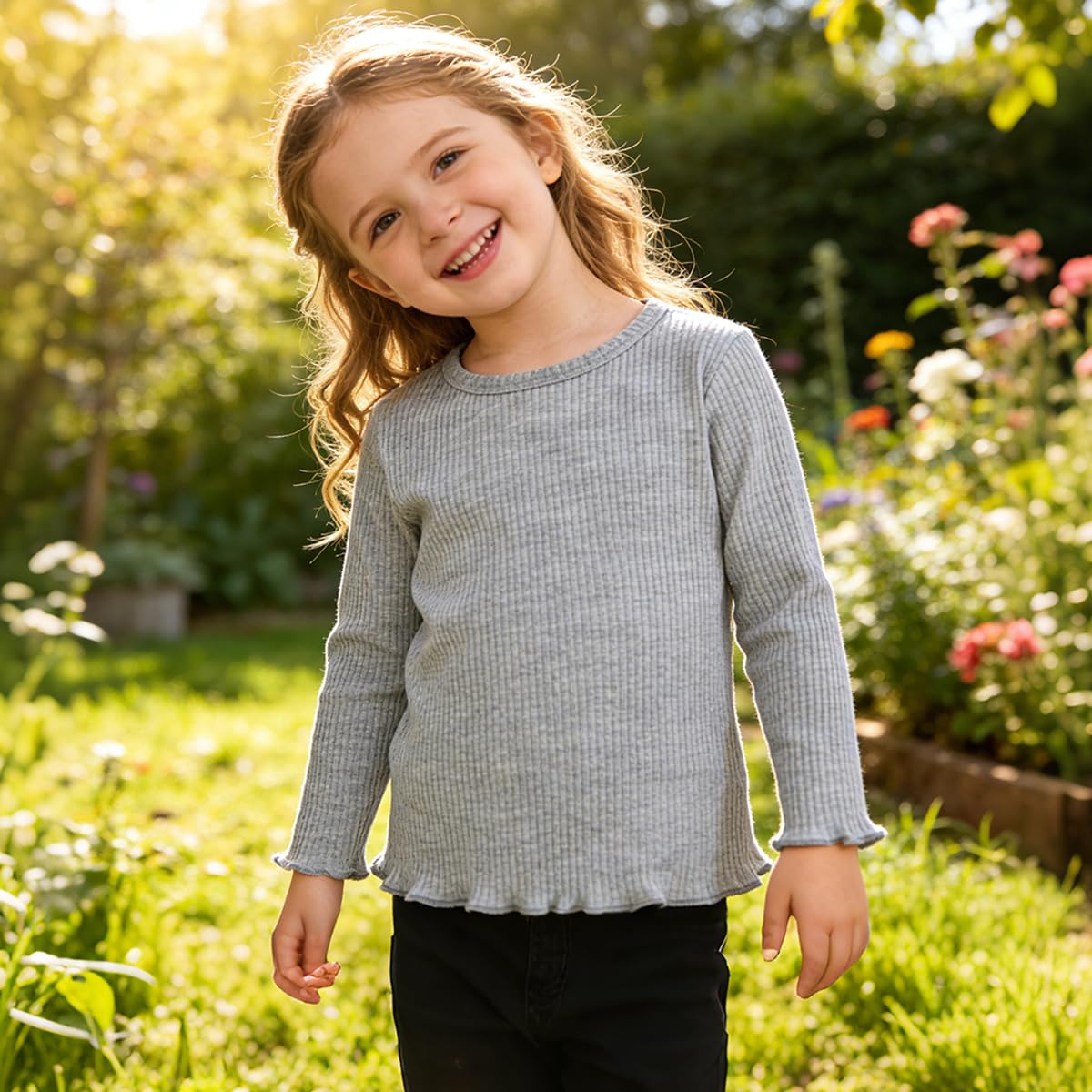 Pack de 3 Niña Camisetas Manga Larga Puños con Volantes T-Shirts Cuello Redondo Tops Básicos para Niños 3-7 años