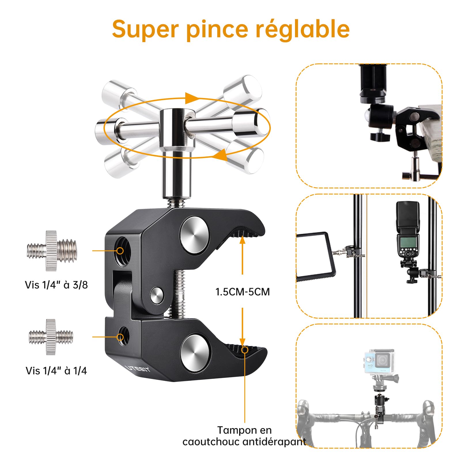 UTEBIT Pince Trépied Bras Magique, Super Clamp avec Rotule Pivotante à 360° en Alliage Aluminium, Bras Articulé Support pour Appareil Photo, Lampe Vidéo, et Caméra Action