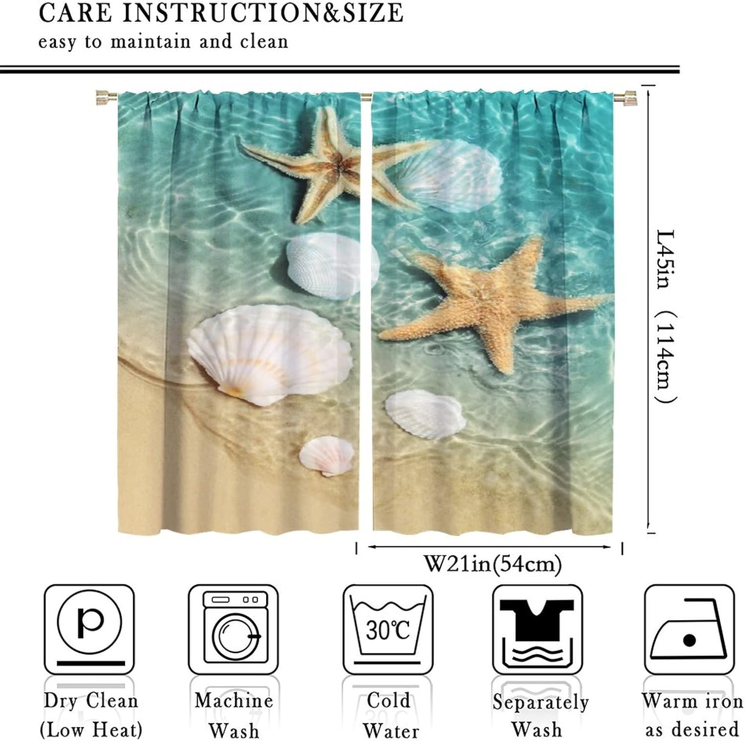 Ocean Theme Curtains, Starfish and Seashells Overflowing in Seawater, Bedroom Living Room Decorative Room Noise Reduction Darkening Window Curtains, 2 Sets of Panels, 42x45 Inch.