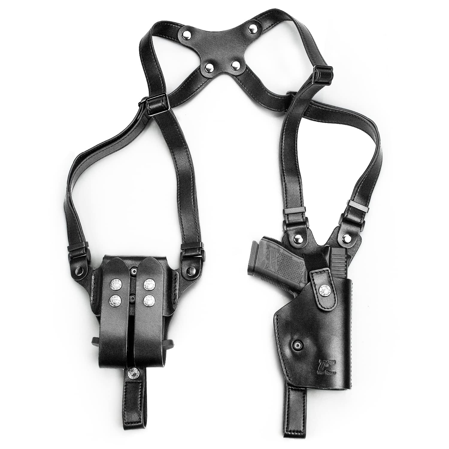GUN & FLOWER Brown Leather Shoulder Holster Fits Glock 17/19, 1911, M&P 9, Taurus G2C/G3C, Sig P226, Beretta 92FS, Vertical Concealed Holster with Dual Mag Holder, Right Hand