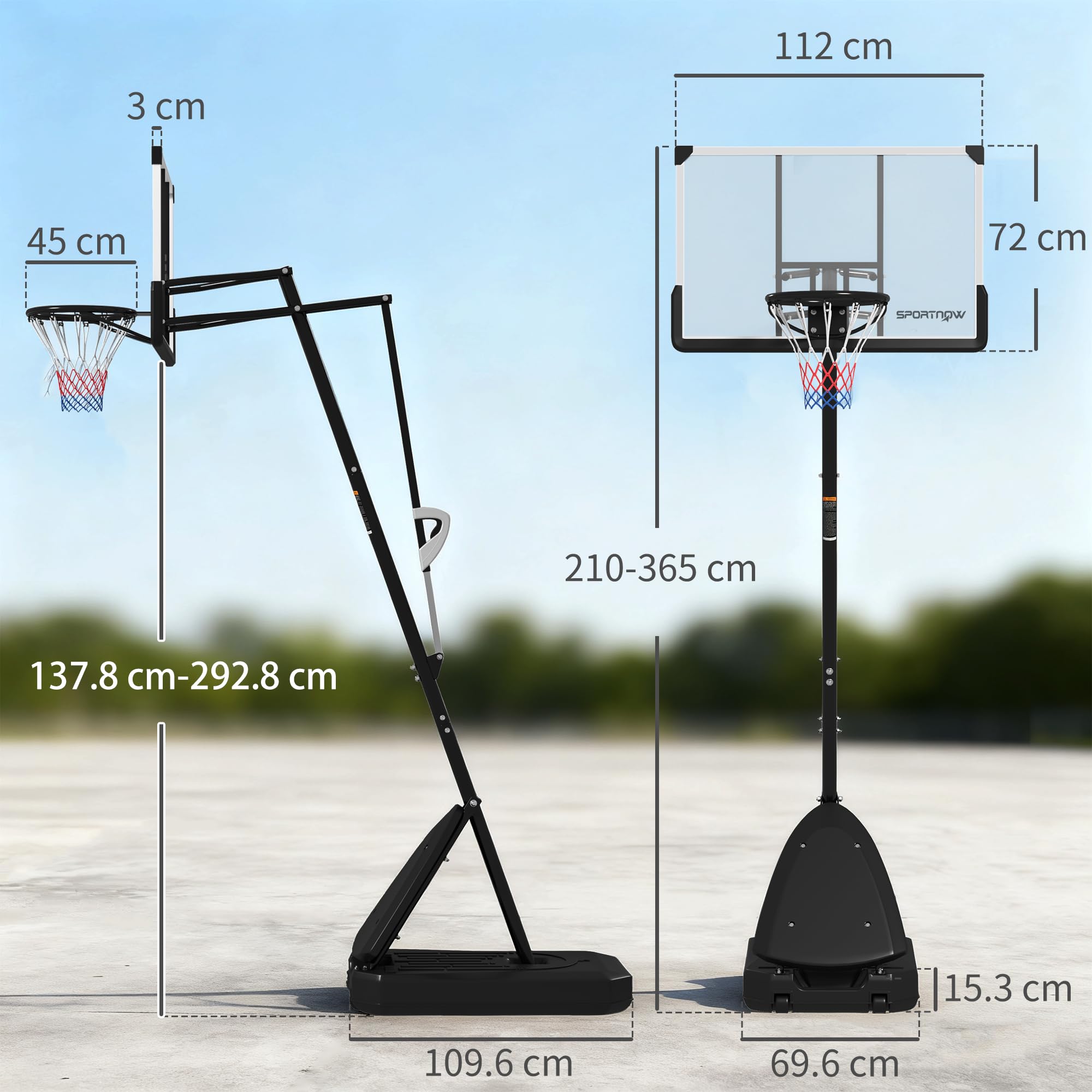SPORTNOW Canasta de Baloncesto Exterior Altura Ajustable 16 Niveles 150-305 cm Portátil con Ruedas Base Rellenable