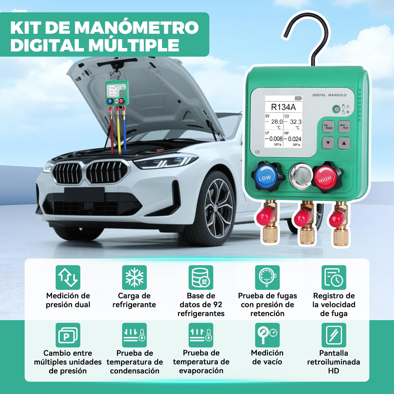 KAISAL Kit de Carga Aire Acondicionado de Coche Digital Manómetro Aire Acondicionado con Pantalla LCD HVAC Manometro para 92 Tipos de Gas Refrigerante r134a R32 R410A R22