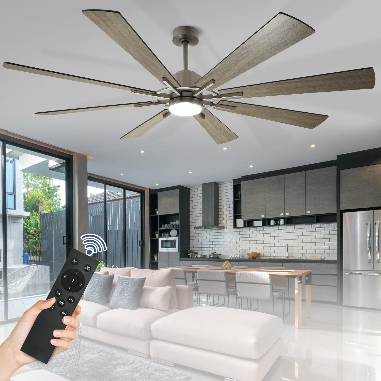 DIGLED 72" Ceiling Fan with Lights and Remote Control, 8 Blades 5-Speed Reversible DC Motor, Industrial Large Ceiling Fan for Covered Patios Porch, Grey