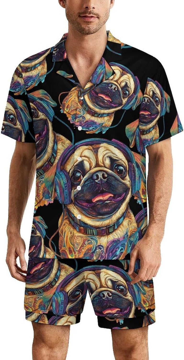 Pug Dog Wearing Headphone Men's Short Sleeve Pajama Set Satin Silk Like Lounge Sleepwear