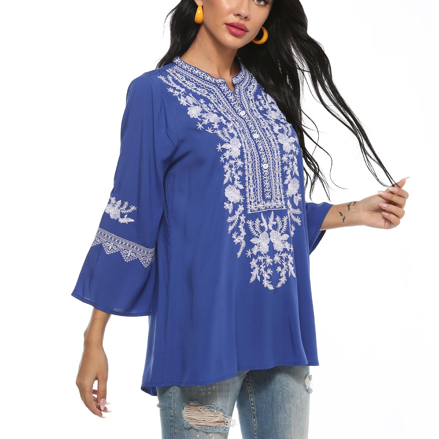 Blusa de verano para mujer, estilo bohemio, bordado mexicano, cuello en V, manga corta, estilo bohemio, túnica, folklore hippie