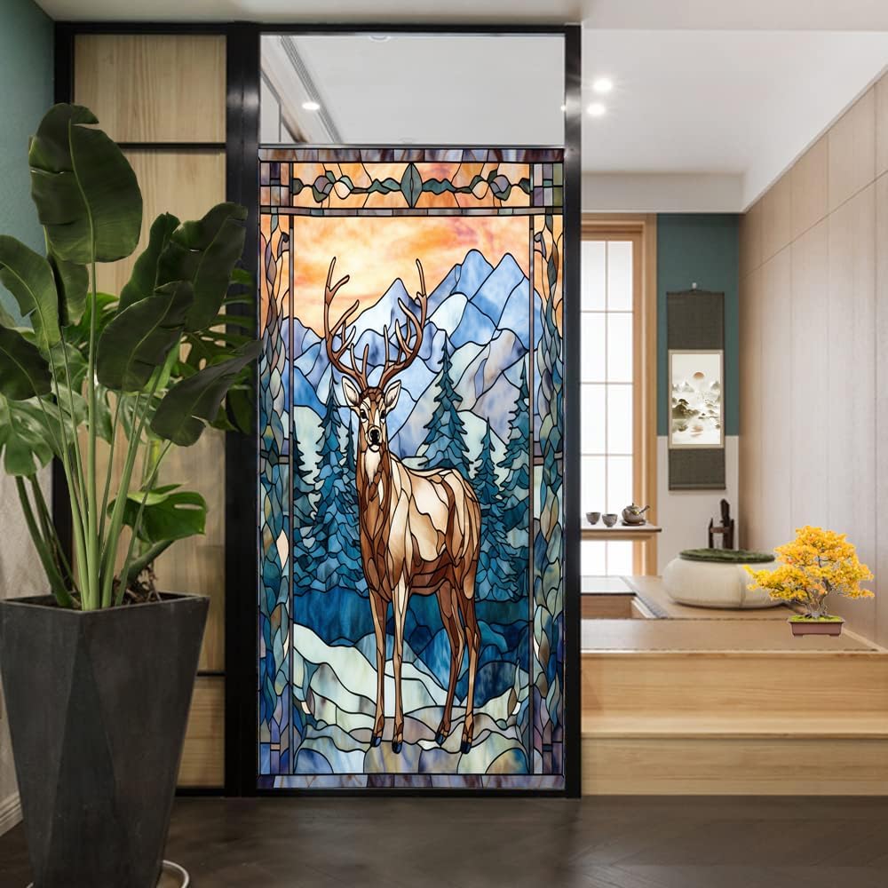 Winter Deer Window Privacy Film Abstract Forest Animal Snowy Landscape Stained Glass Window Film Decorative Frosted Windows Sticker for Home Window&Glass Door, Sun Blocking 35.4Wx63L inch