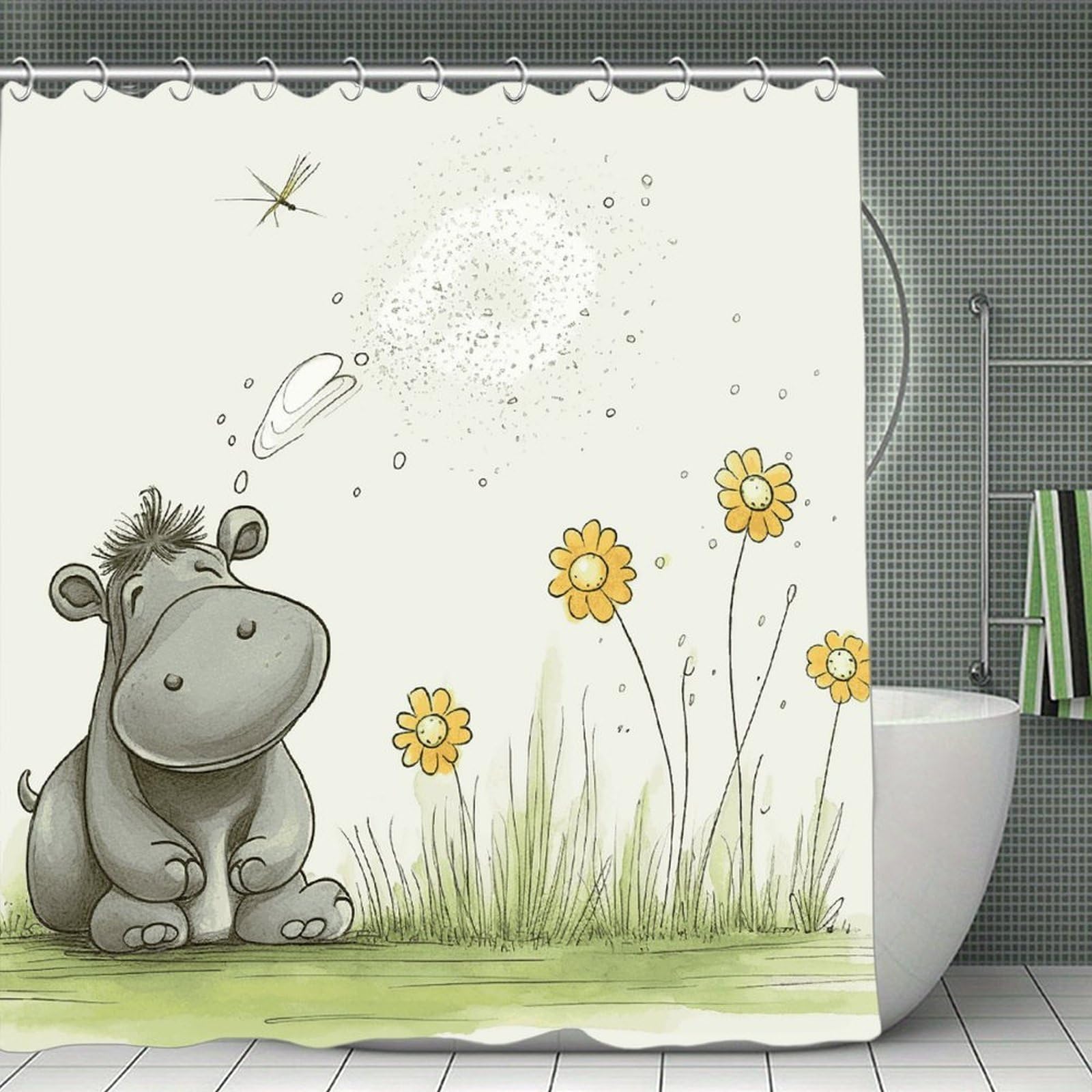 JTREHY Hippo and Dandelion Shower Curtain Waterproof Bathroom Shower Curtain Machine Washable Bath Curtains Polyester Cloth Bath Curtains for Bathroom Showers 70.8×70.8Inch