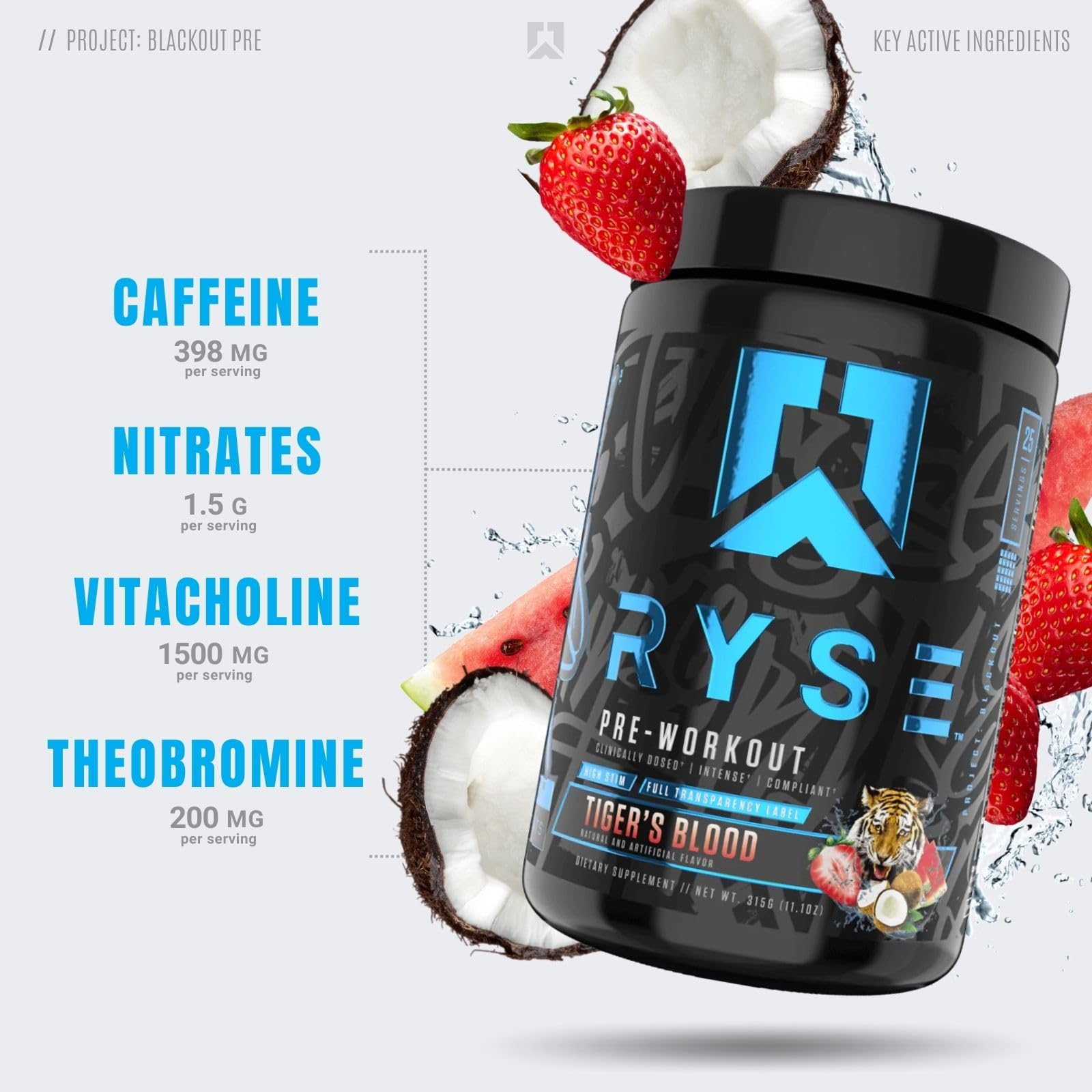 Amazon.com: RYSE Up Supplements Project Blackout Pre Workout | Pump, Energy, and Strength| with Caffeine, Vitacholine, Nitrates, and Theobromine | 25 Servings (Tiger's Blood) : Health & Household