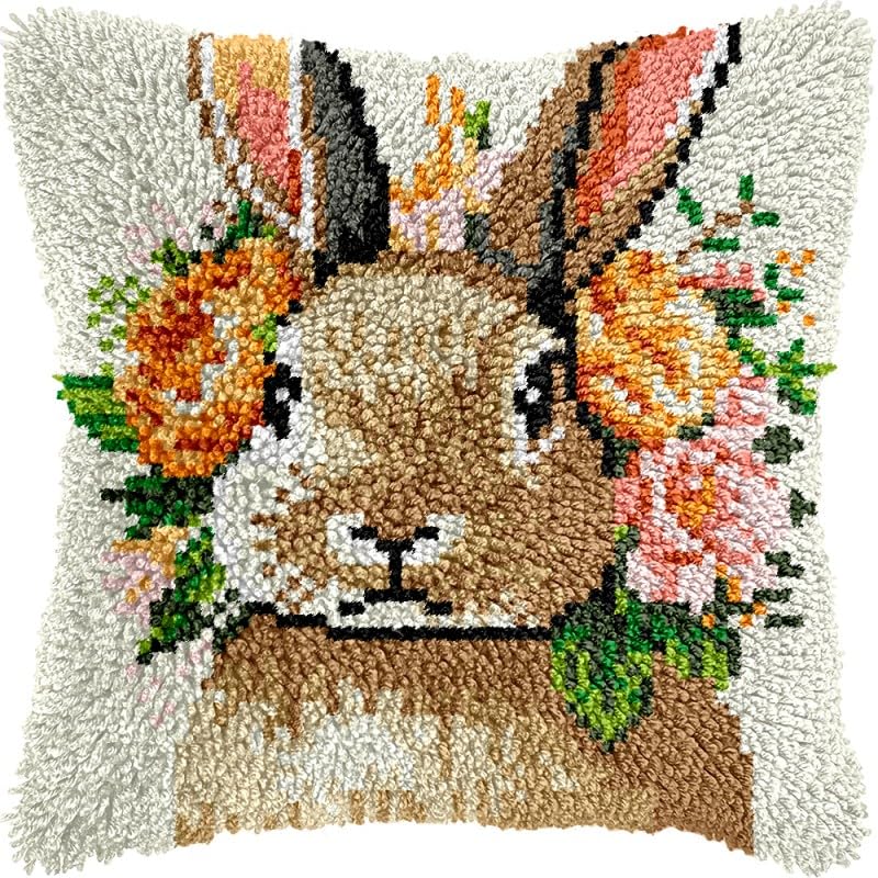 Latch Hook Pillow Kits Pillow Cover Flowers Rabbit Pattern Printed Canvas Crochet Cross Stich Hooking Pillowcase Cushion Crafts Embroidery Crochet Home Decor Kits 17x17 inch(20)