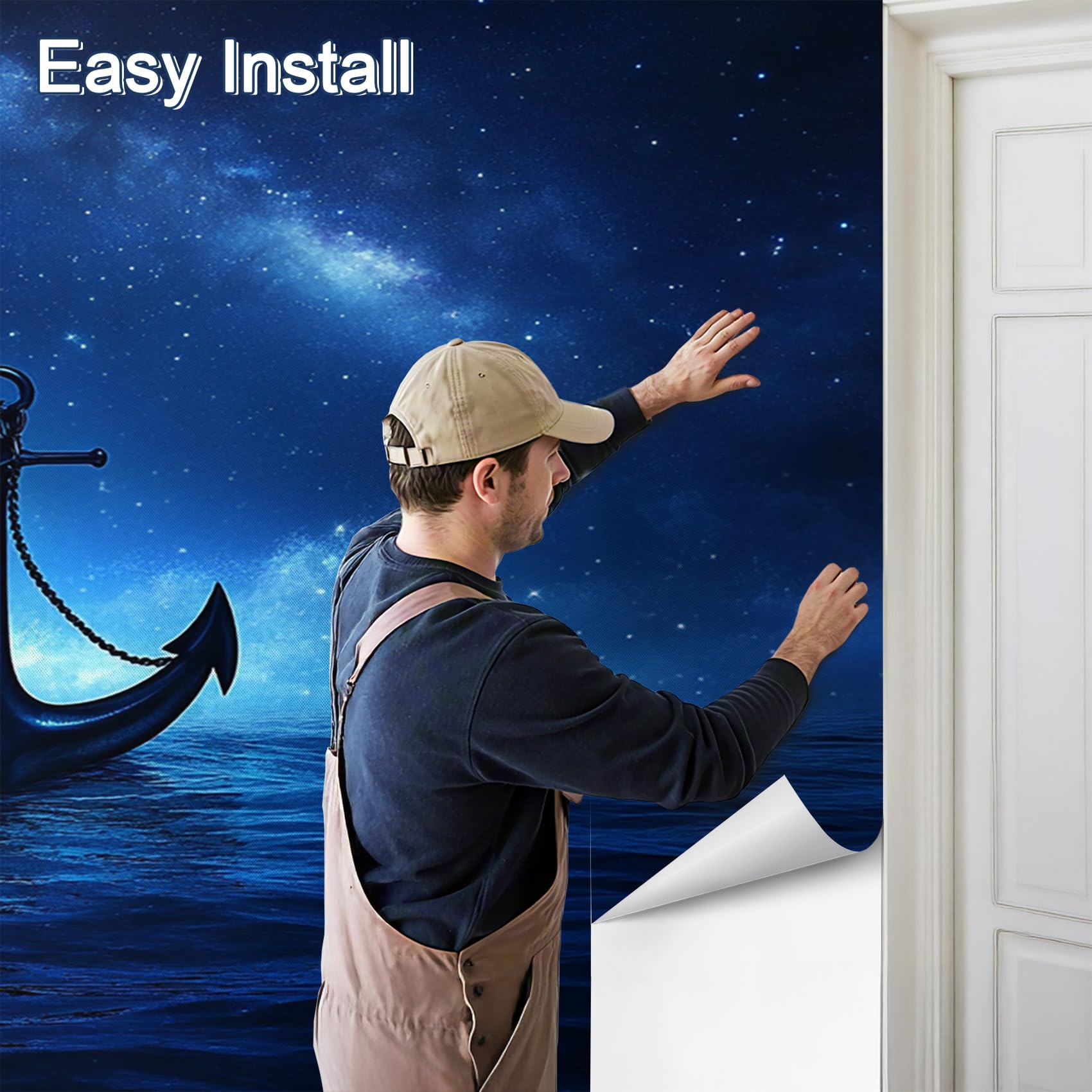 Fototapete Anker Schlafzimmer, 3D Tapete Nautisch Meer, Vliestapete Blau, Tapeten Wohnzimmer Muster, Sternenhimmel Küste Wand Deko Kinderzimmer, Wandtapete, Mustertapete 416x254 cm