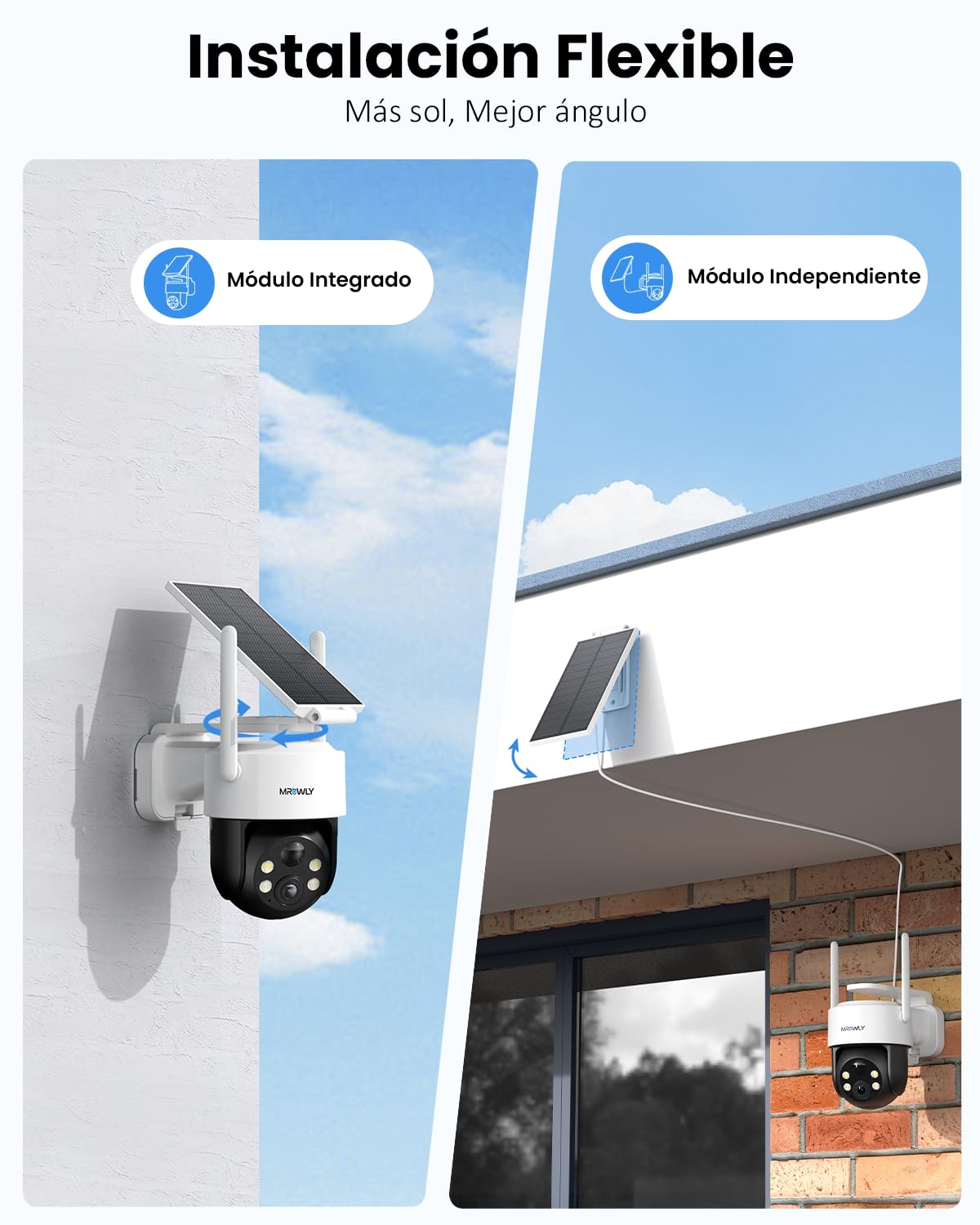2PCS Mrowly 2K Camara Vigilancia WiFi Exterior Solar, Camara de Vigilancia con Batería Recargable, 3MP Vision Nocturna Color, 360°PTZ, Detección de Movimiento PIR, 2.4GHz, IP65