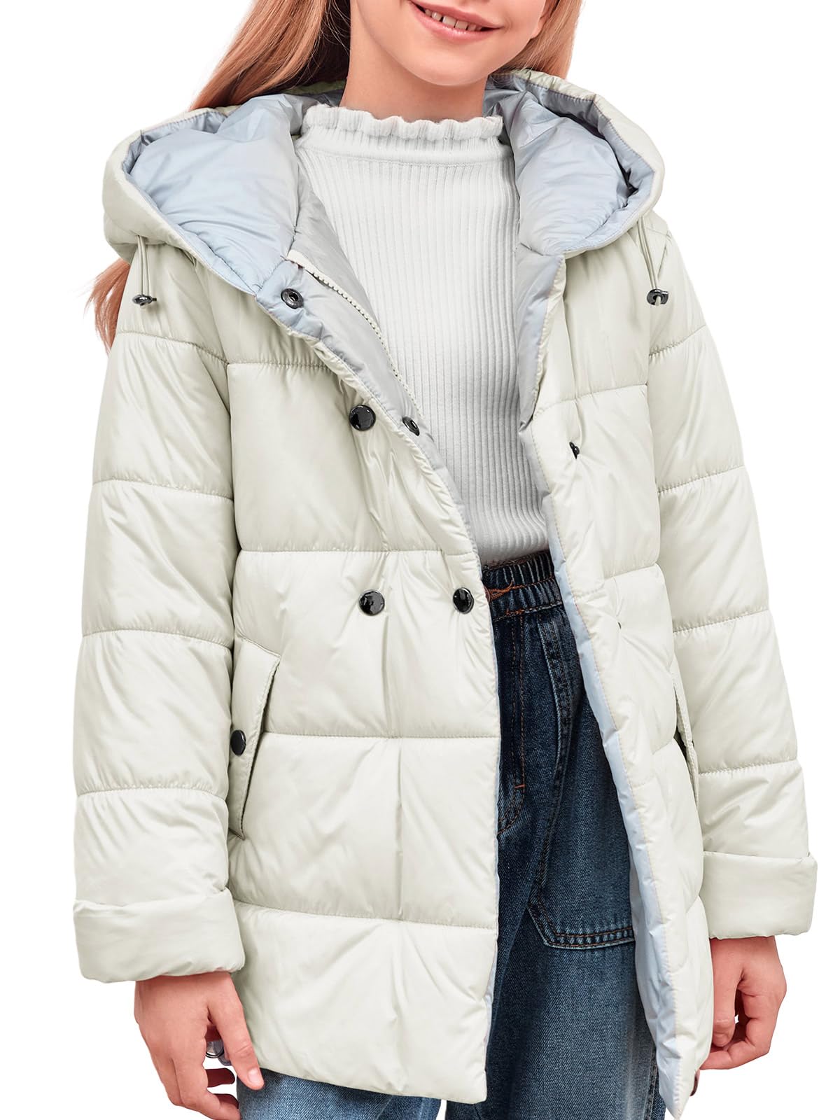 HaloumoningGirls Quilted Hooded Puffer Jacket Kids Zipper Outerwear Winter Coats with Pockets 5-14 Years
