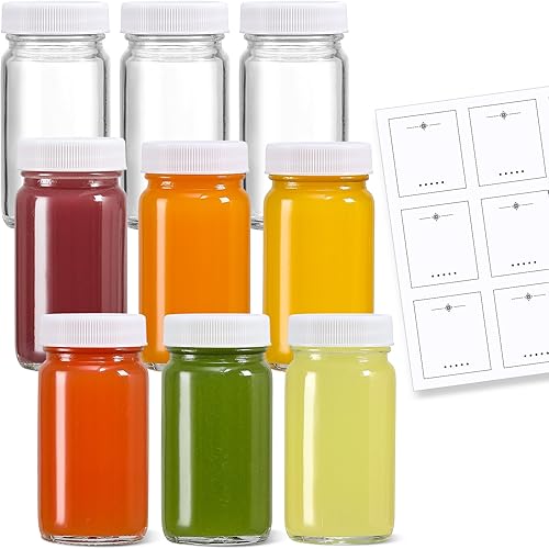 Vista 18 de Paquete de 9, botellas de vidrio de 2 onzas con tapas negras y 9 etiquetas, tarro pequeño transparente para jengibre, inyección de bienestar, jugo