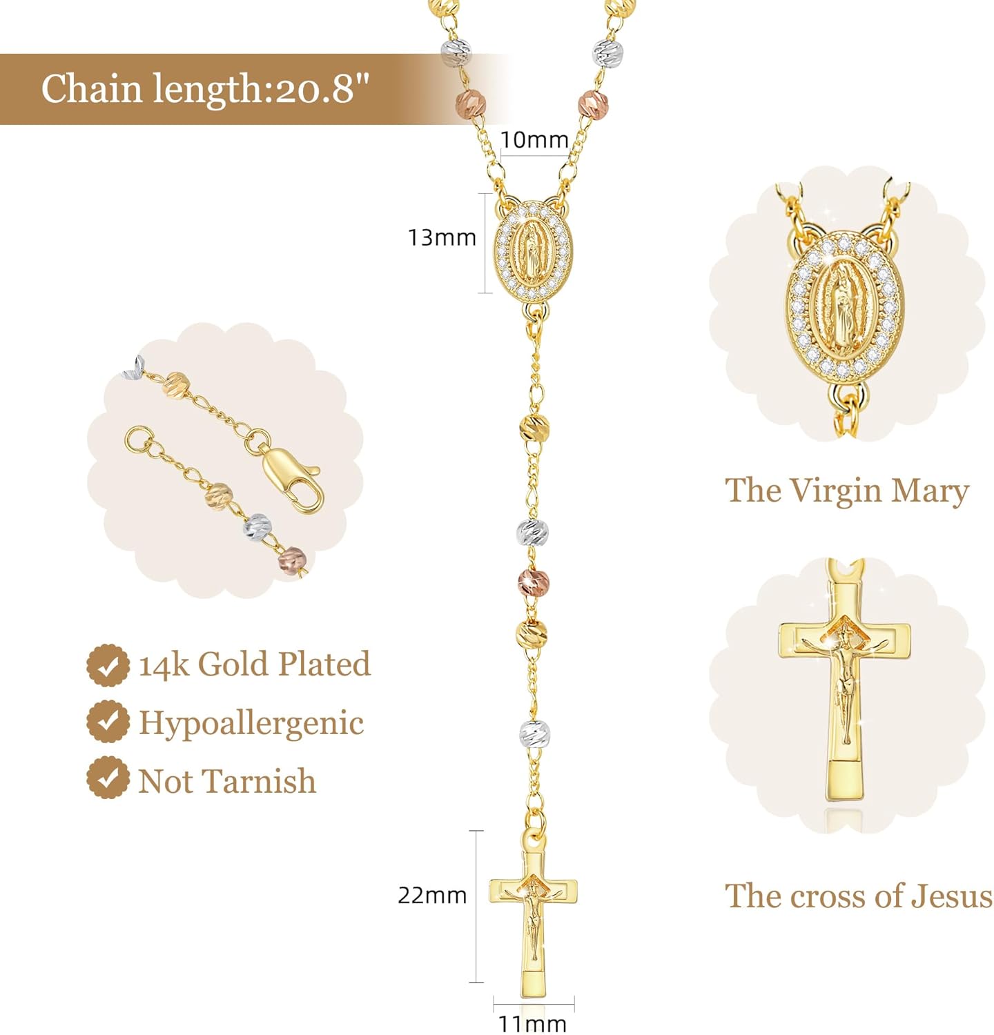 Virgin Mary Cross Rosary Necklace for Women Virgen de Guadalupe gold plated Rosary Catholic Cross Beads Crucifix Necklace Women jewelry Religious Gift for Confirmation Baptism First Communion - Image 2
