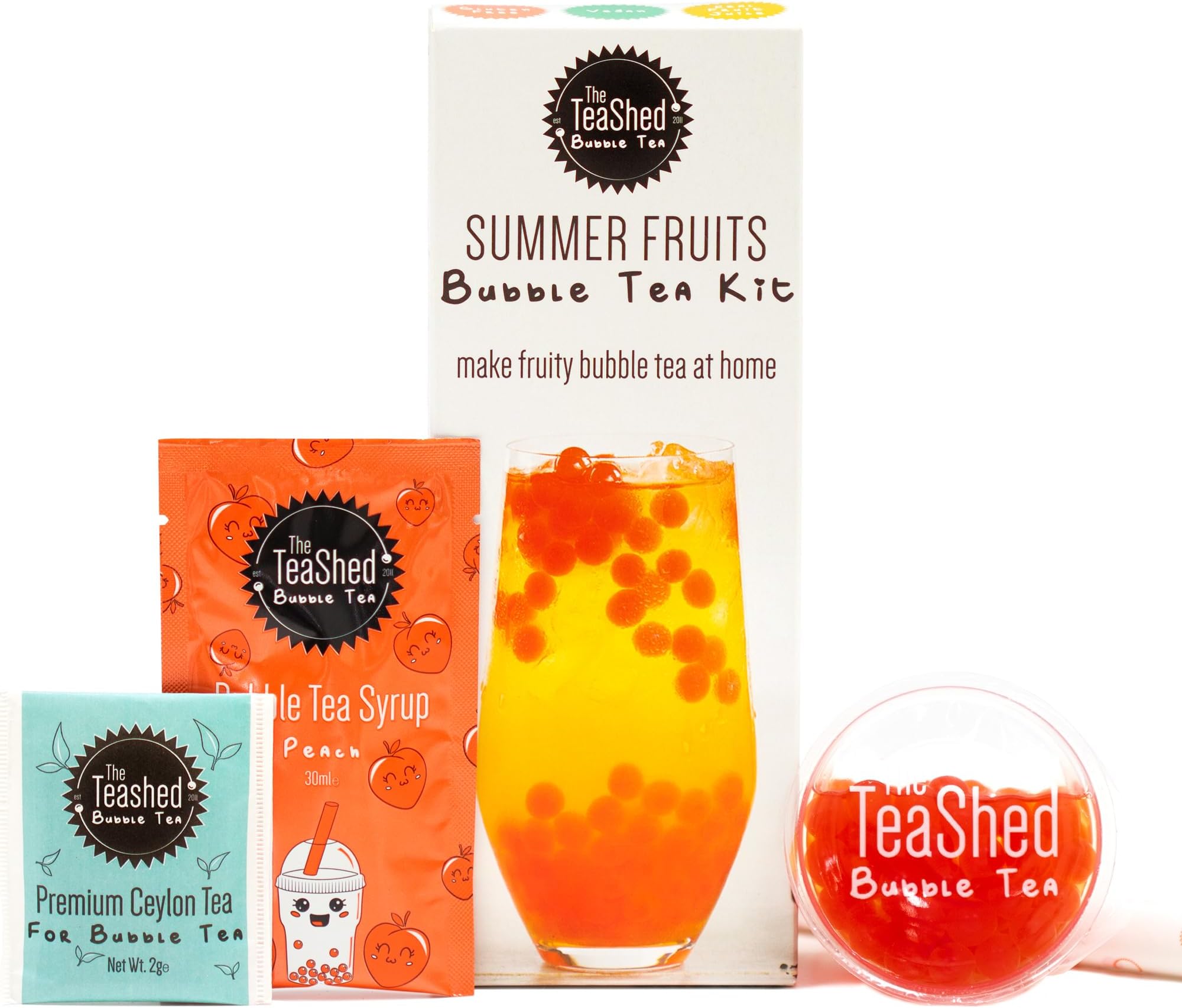 Summer Fruit Bubble Tea Kit | Fruit Boba Tea Set Includes Peach Syrup, Strawberry Popping Boba, Tea Bag and Paper Straw | by THE TEASHED