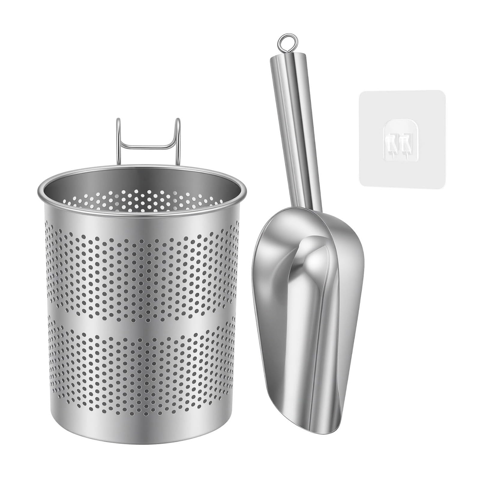 PURPLELILY Stainless Steel Ice Scoops with Holders Hanging Organizers Freezers Ice Maker Accessories for Home and Commercial Use Rustproof Spoon