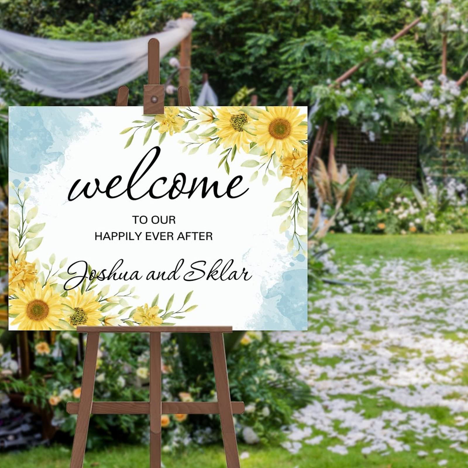 Niestandardowy ślubny znak powitalny Welcome to Our Happily Ever After drewniany znak ślubny spersonalizowany słoneczniki kwiatowa dekoracja drewniany znak przyjęcie weselne plakat na ceremonię