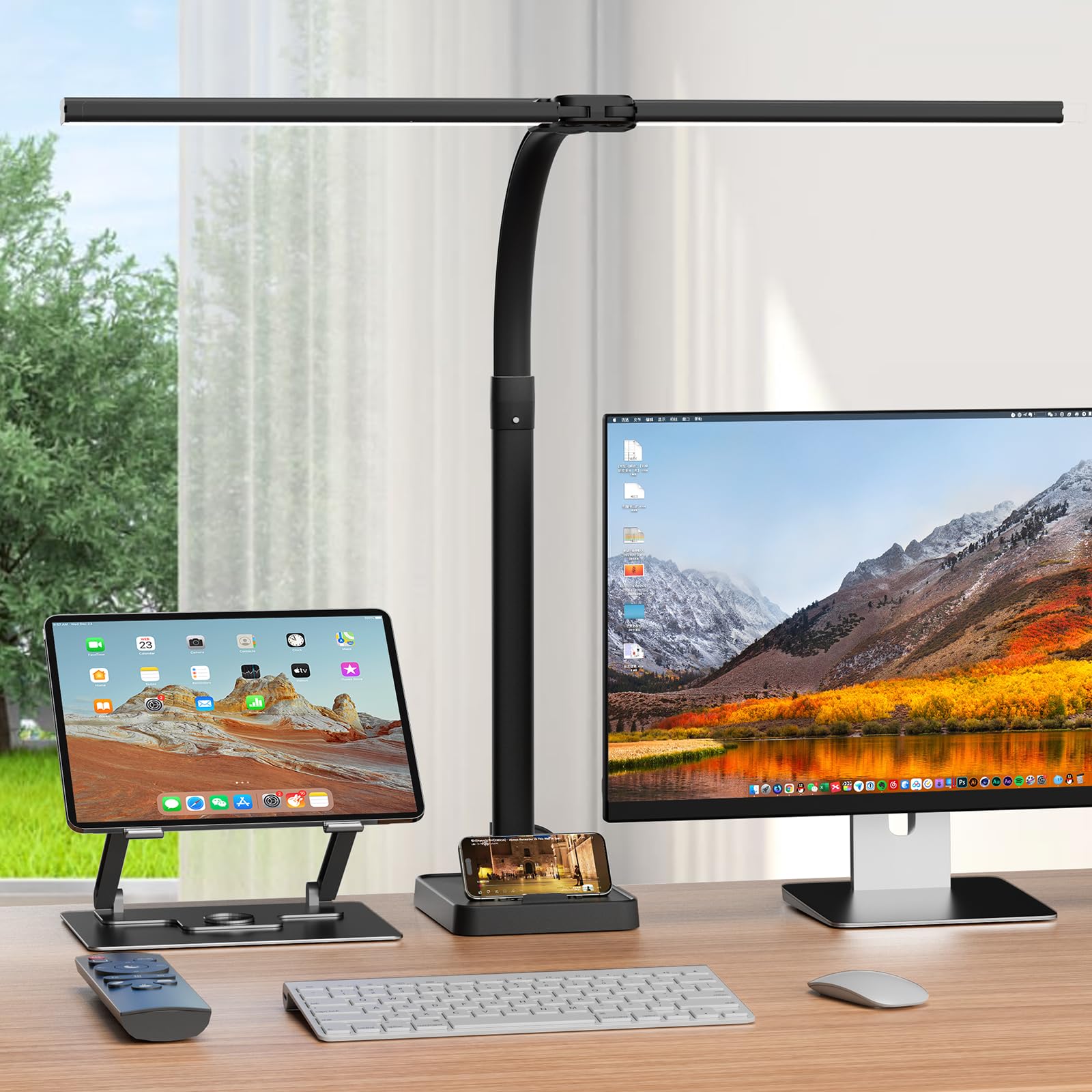 APMIEK Doppelkopf Schreibtischlampe LED Dimmbar mit Sockel, 24W 76CM Schreibtischlampe Klemmbar, 3200K-6500K Schwanenhals Büro Tischlampe Augenschutz Arbeitsplatzleuchte Monitor Lampe PC Lampe