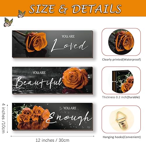 Miniatura 4 de ZINYAZHE 3 piezas de decoración de pared naranja inspiradoras rosas naranjas decoración de baño, arte de pared de madera, citas positivas You Are