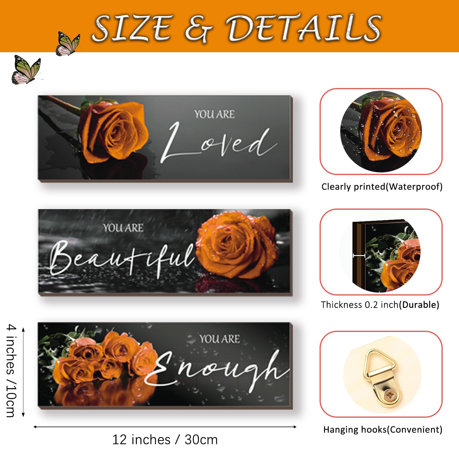 3 piezas de decoración de pared naranja inspiradoras rosas naranjas decoración de baño, arte de pared de madera, citas positivas You Are Loved You Are Enough para niñas y mujeres oficina 4