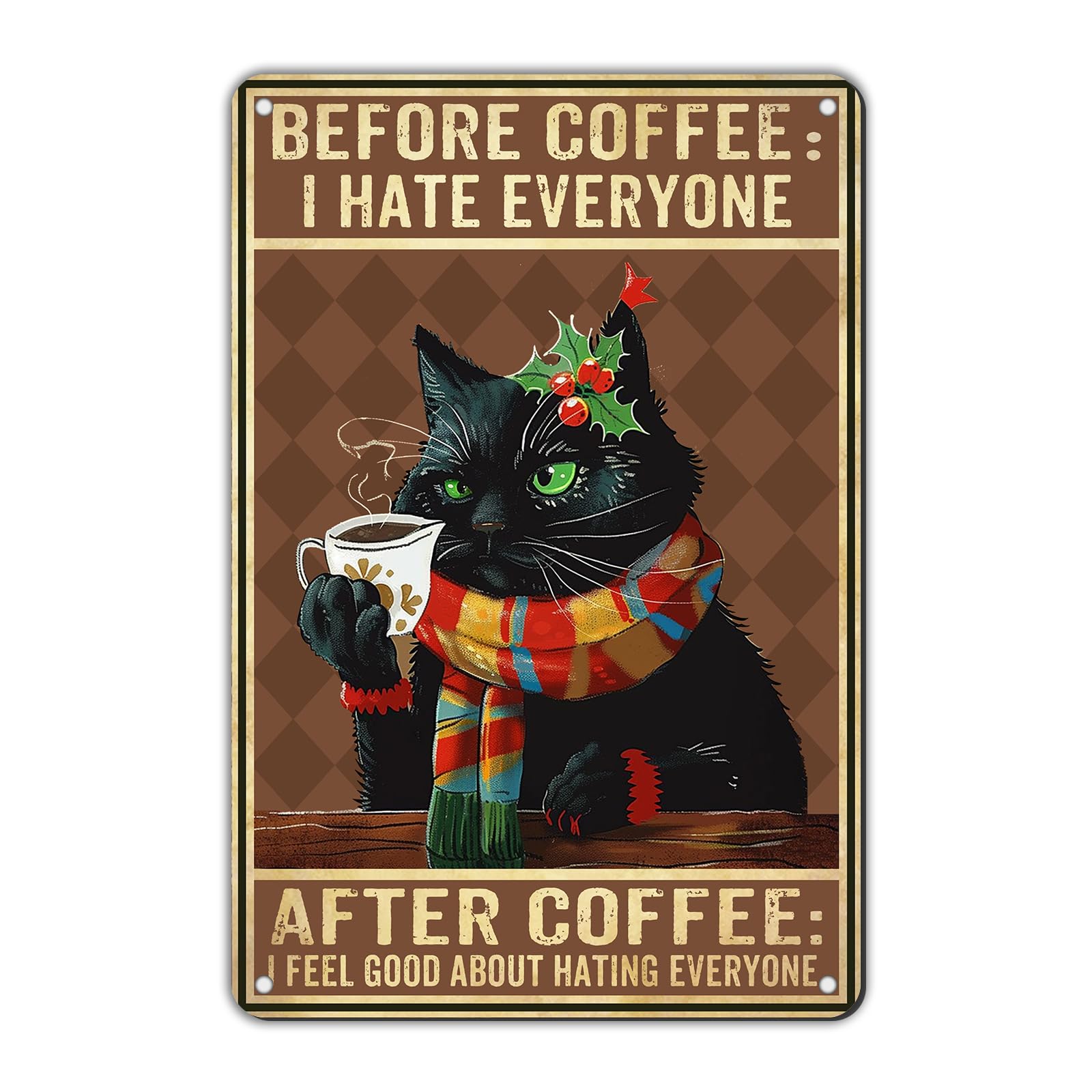 Anceky Funny Metal Tin Signs Black Cat Before & After Coffee Sign Vintage Wall Decor for Home Backyard Garage Plub Cafe 12×8 Inch