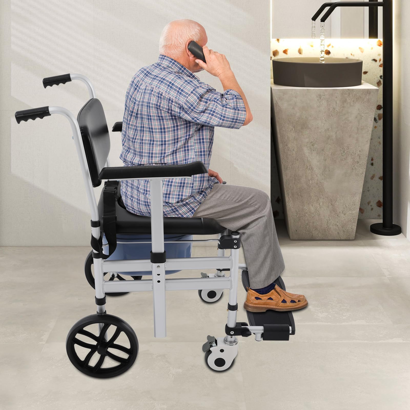 Silla de baño plegable con ruedas,Silla de aseo de aluminio ajustable en altura,Silla de inodoro móvil para personas mayores,Capacidad de carga de 150 kg