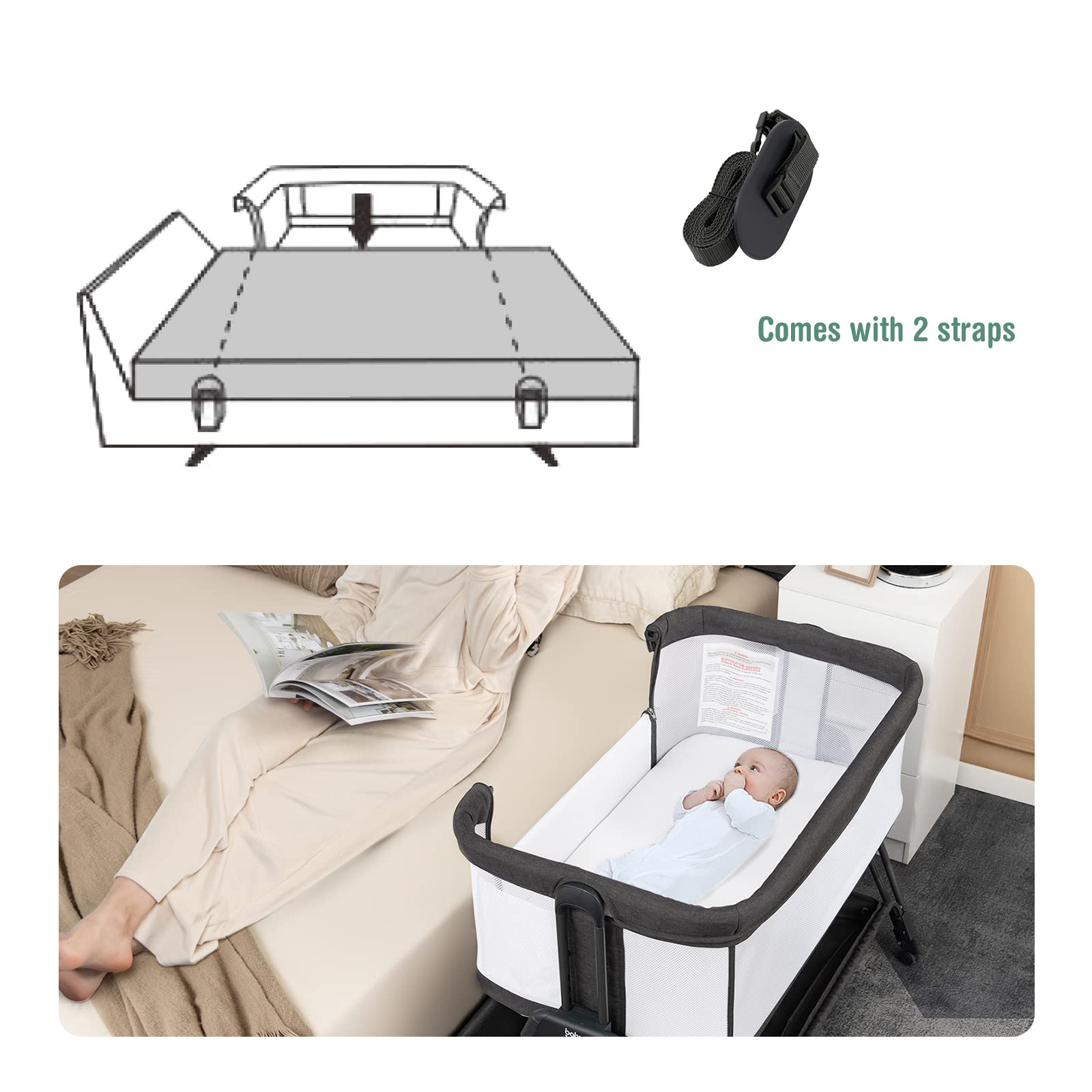 LIFEZEAL Culla Neonato, Next to Me, Lettino Neonato, Culla Next2Me, Altezza Regolabile, Lettino Bambino, con Borsa, Mensola e Ruote, Lettino con Materasso per baby 0~6 Mesi, fino 9kg (grigio chiaro)