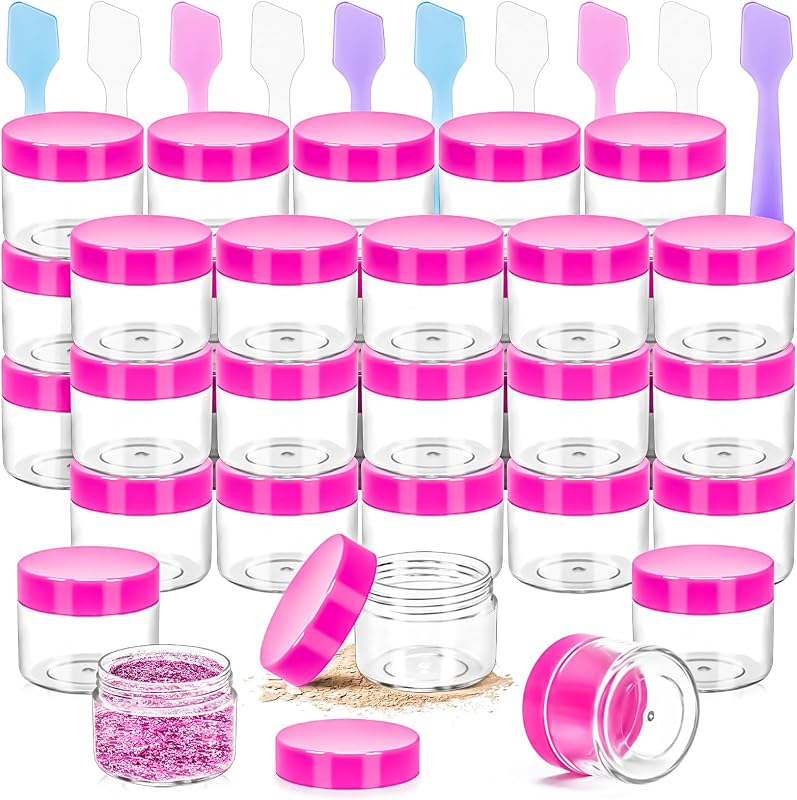 MotBach Frascos Plásticos Redondos com Tampa de Rosca e Espátulas, 20 mL, Rosa, Pacote com 35