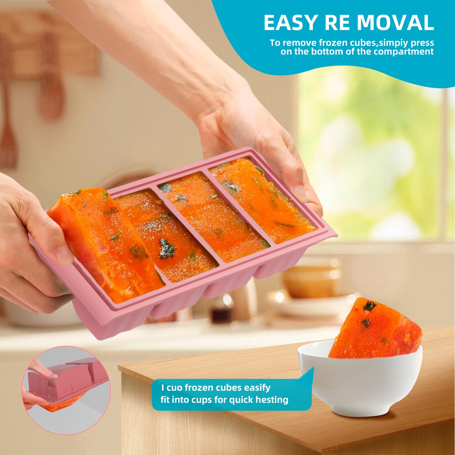 Extra große Silikon-Eiswürfelform mit Deckel, 2 Superwürfel, Gefrierformen, für 8 perfekte 1-Tassen-Eiswürfel (Rosa), ideal für Smoothies und Cocktails