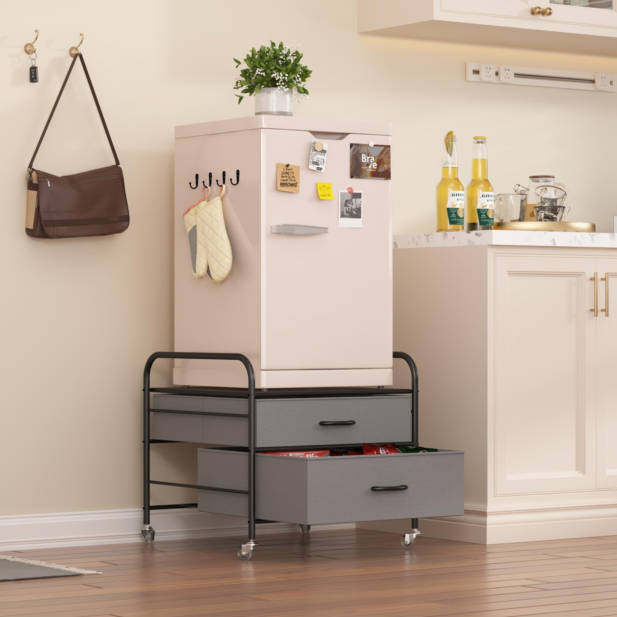 EazeHome Soporte para nevera con almacenamiento, carrito de nevera de 2 cajones, unidad organizadora para mini refrigerador, marco negro con cajones grises, 4 ruedas giratorias