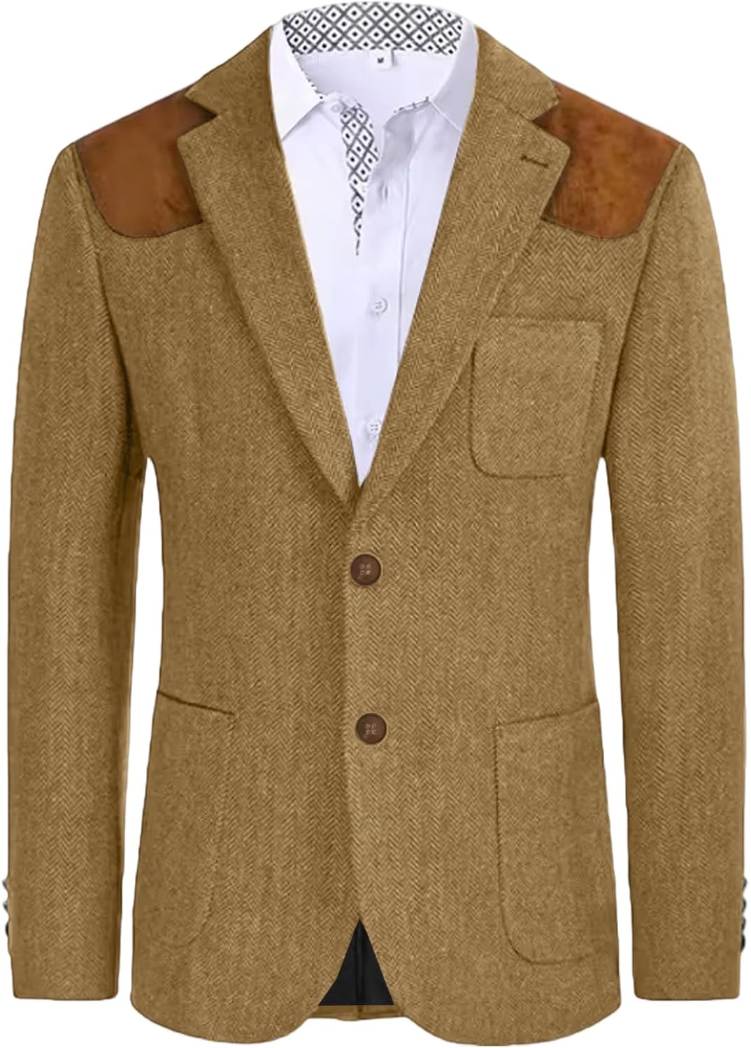 Mens Vintage Herringbone Tweed Blazer with Suede Shoulder Patch Casual Hunting Style Sport Coat