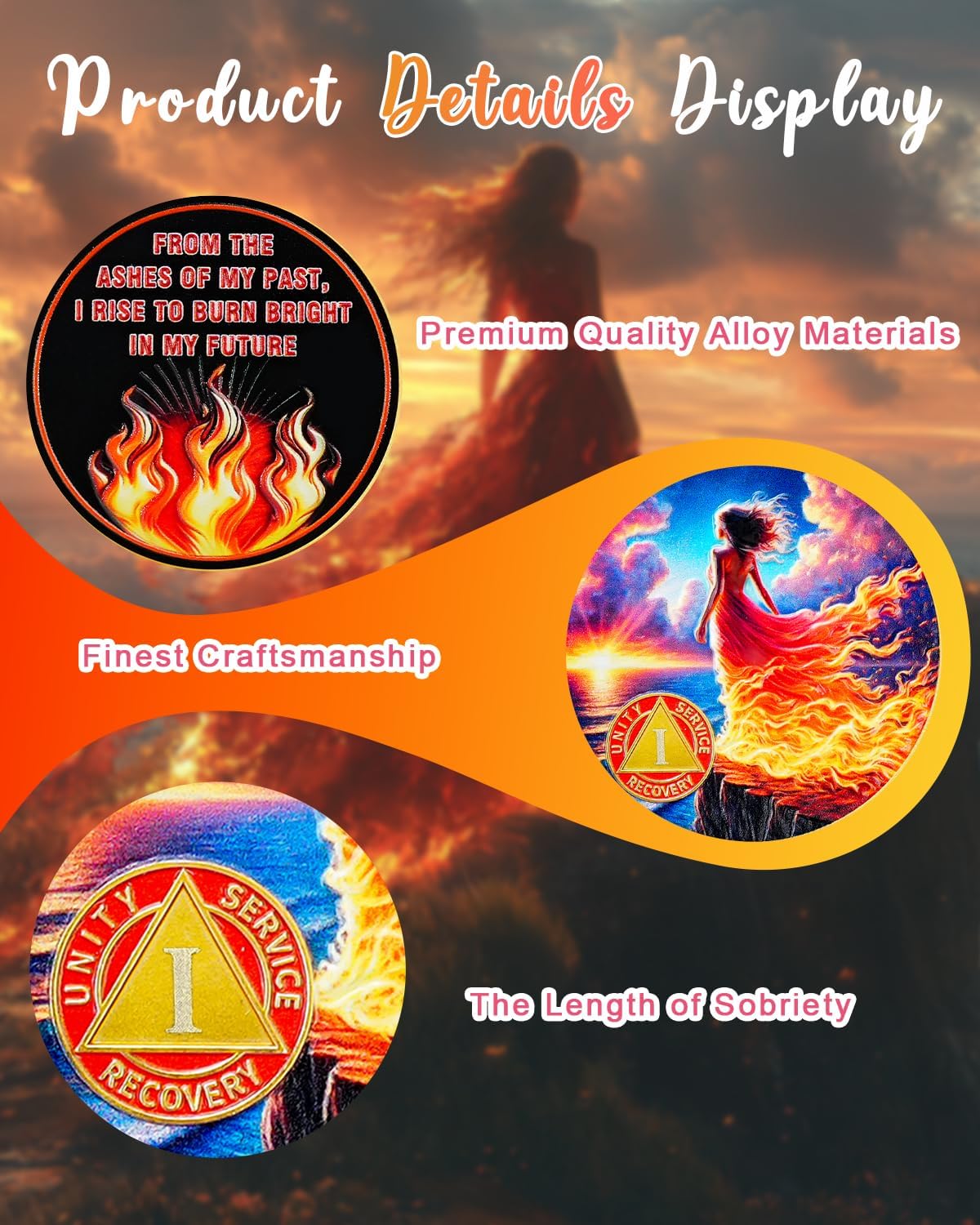 CHURYUML 1 Year Sobriety Coin - Born from The Flames One Year Sober Chip, Non-Religious AA Coins Recovery Medallions Alcoholics Anonymous Token Sobriety Gifts for Women Celebrating Sober Milestones - Image 4