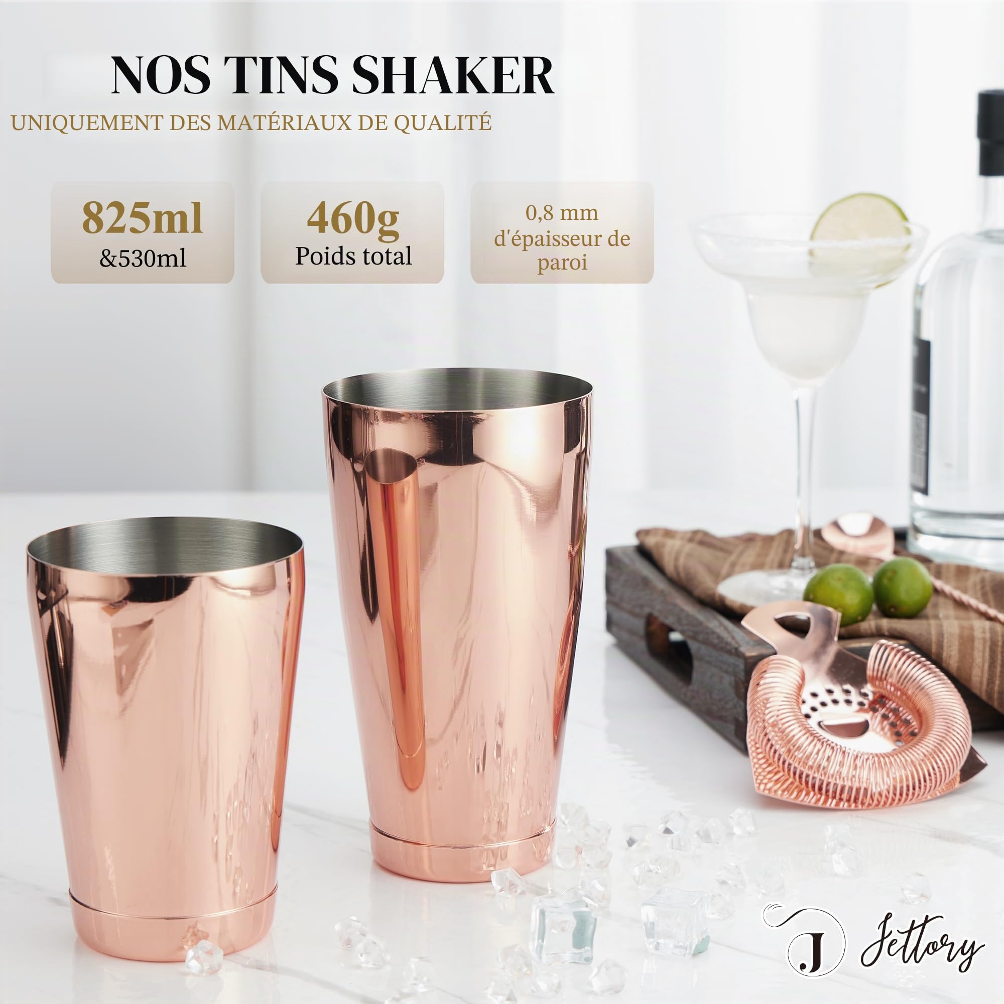 Set Shaker Boston 16 Pièces - Kit Barman en Acier Inoxydable 304 avec Support Acrylique, Passoire, Cuillère, Jigger, Pilon, Pince à Glace, Verseurs et Picks à Cocktail (Or Rose)