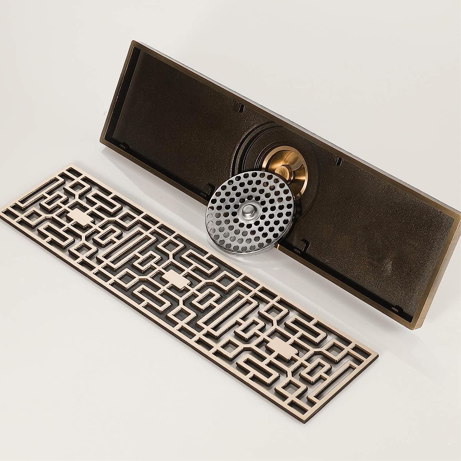 Scarico Doccia lineare Antico in Ottone Deodorante Scarico Doccia lineare a Pavimento 300×82 mm Scarico Doccia Rettangolare con griglia di Copertura Rimovibile Scarichi lineari, Bronzo