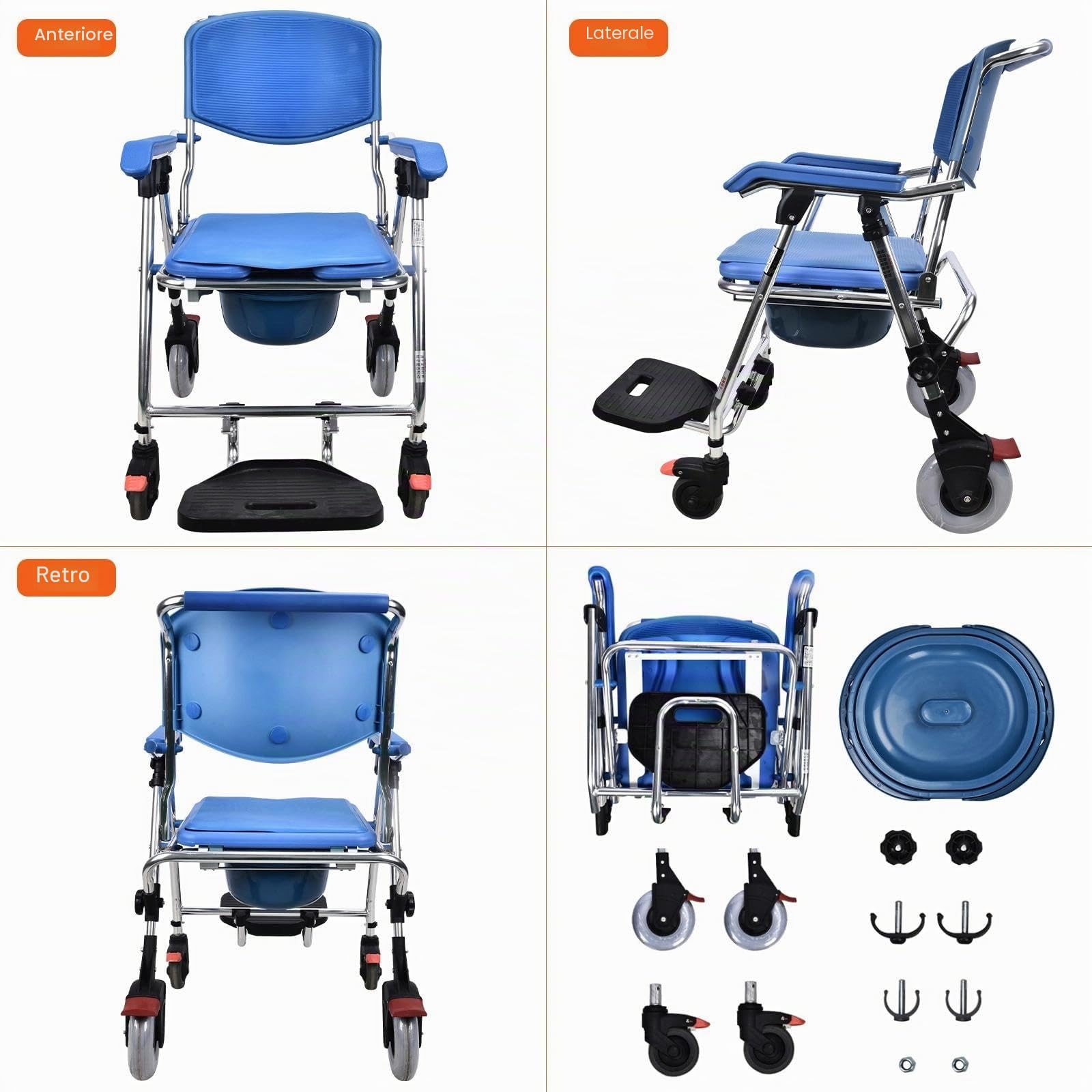 Sedia Comoda WC per Anziani con Rotelle, Capacità di Carico:150kg | Sedia Doccia Disabili con Ruote Pieghevole, Sedia a Rotelle Doccia con Seduta e Schienale Comodi, Quattro Ruote con Freni