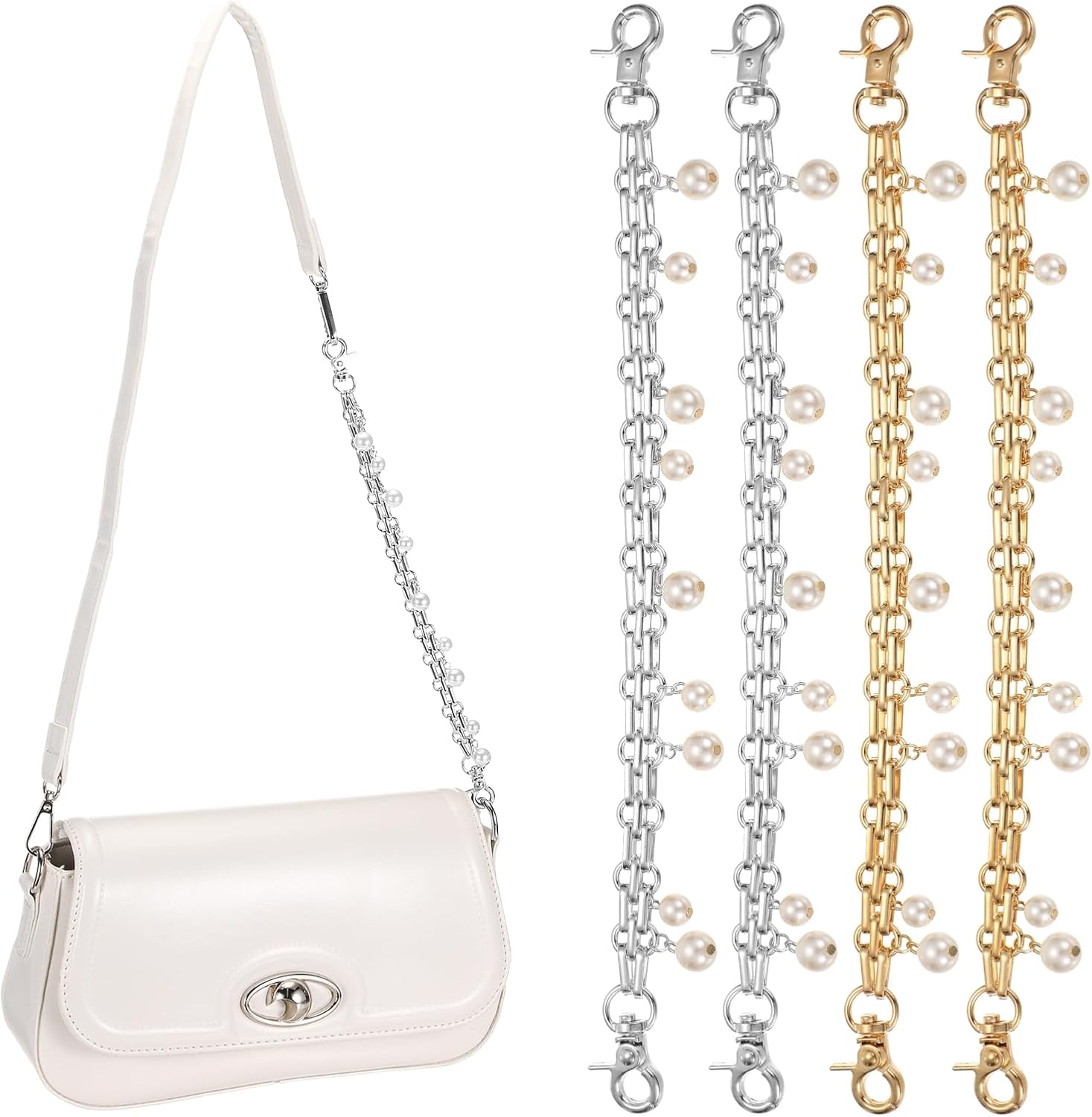 PATIKIL 10" Pearl Bag Extender Chain, 4Pcs Purse Strap Extenders Chain Purse Making Supplies for Replacement Handbag Shoulder Bag Wallet Shoes Decoration, Silver Tone/Gold Tone