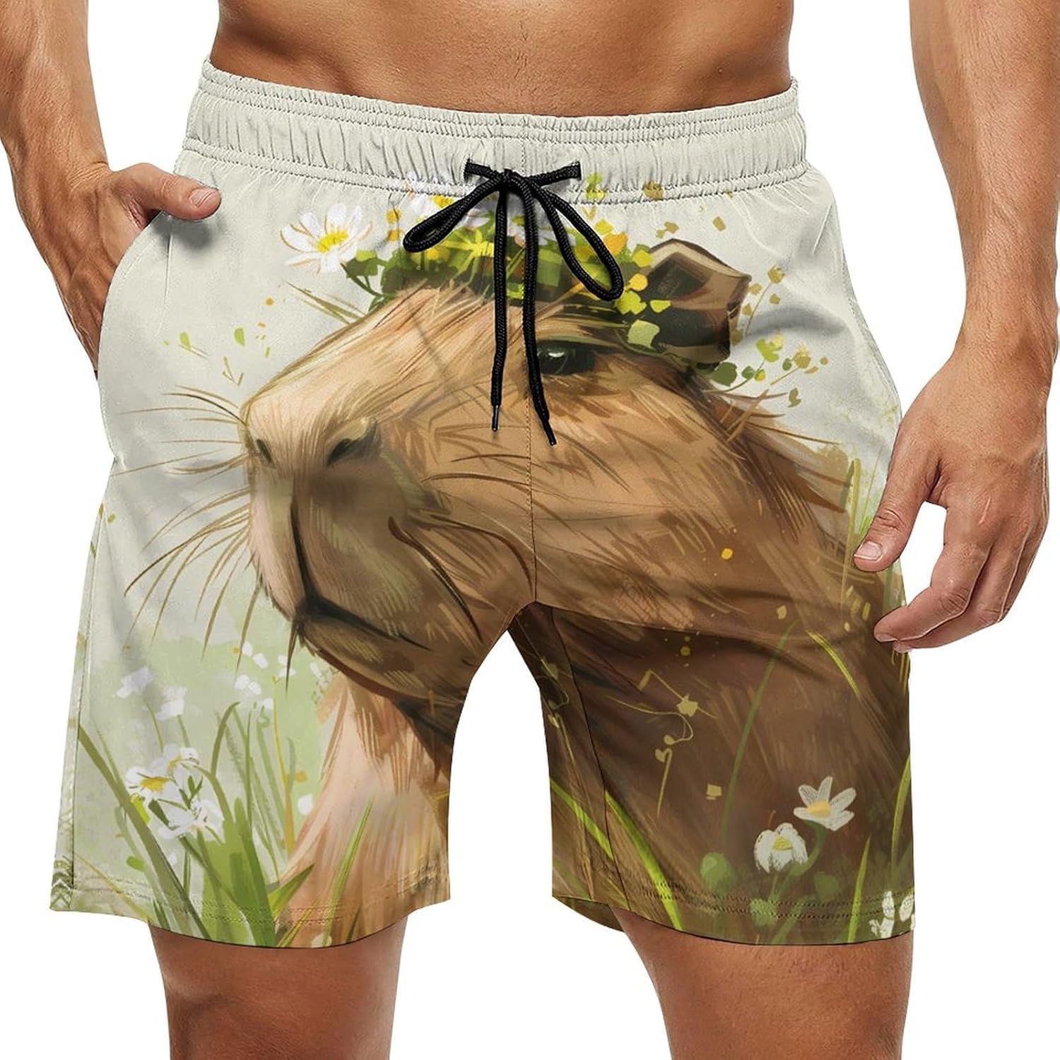 Cute Capybara Casual Men's Swim Trunks Novelty Summer Beach Shorts Swimwear with Pocket