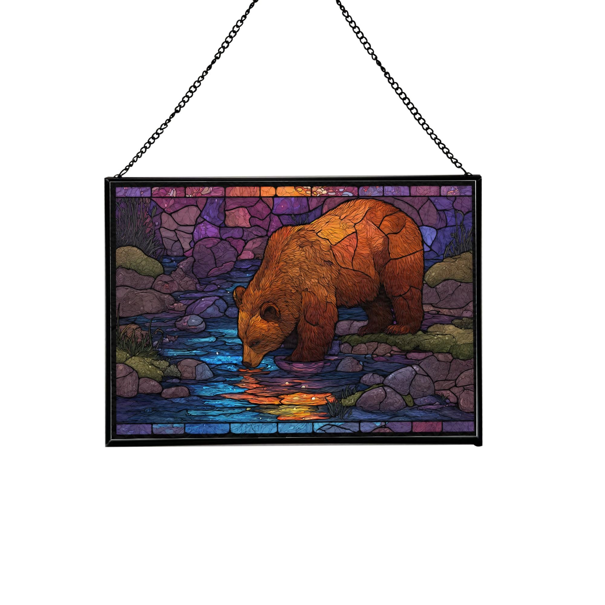 Bear at Stream – Stone Banks Animal Stained Glass Suncatcher – Rectangular Hanging Window Panel with Artistic Nature Background – Wildlife Glass Art Gift for Animal and Nature Lovers iS51ll