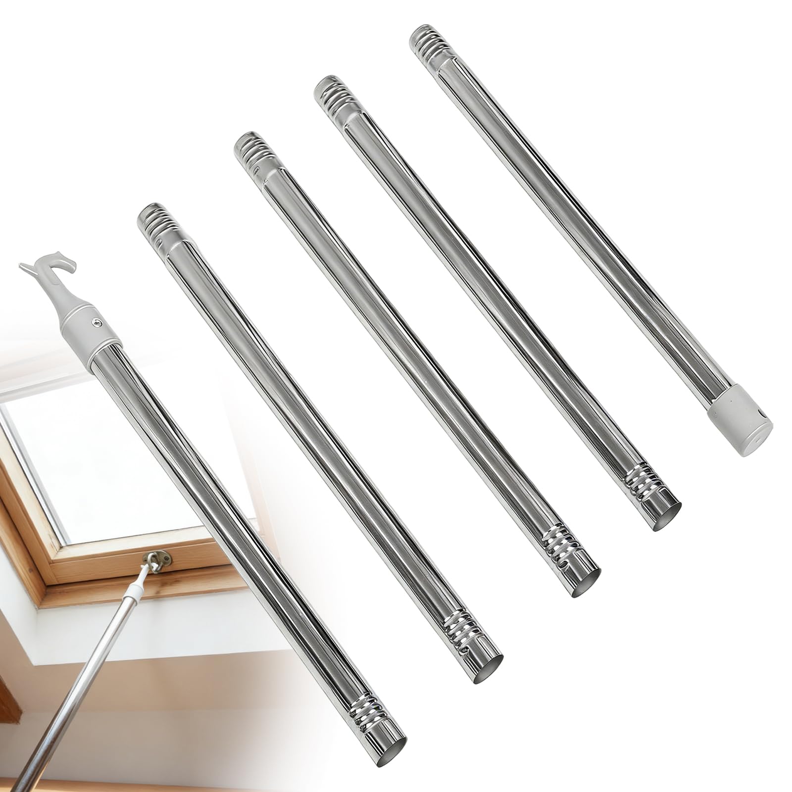 Telescopic Roof Window Pole Opener with Hook, 5-Section Adjustable Stainless Steel Rod for Skylight & Blind Operation, Compatible with Velux GGL GGU Attic Windows(1.86m,White)